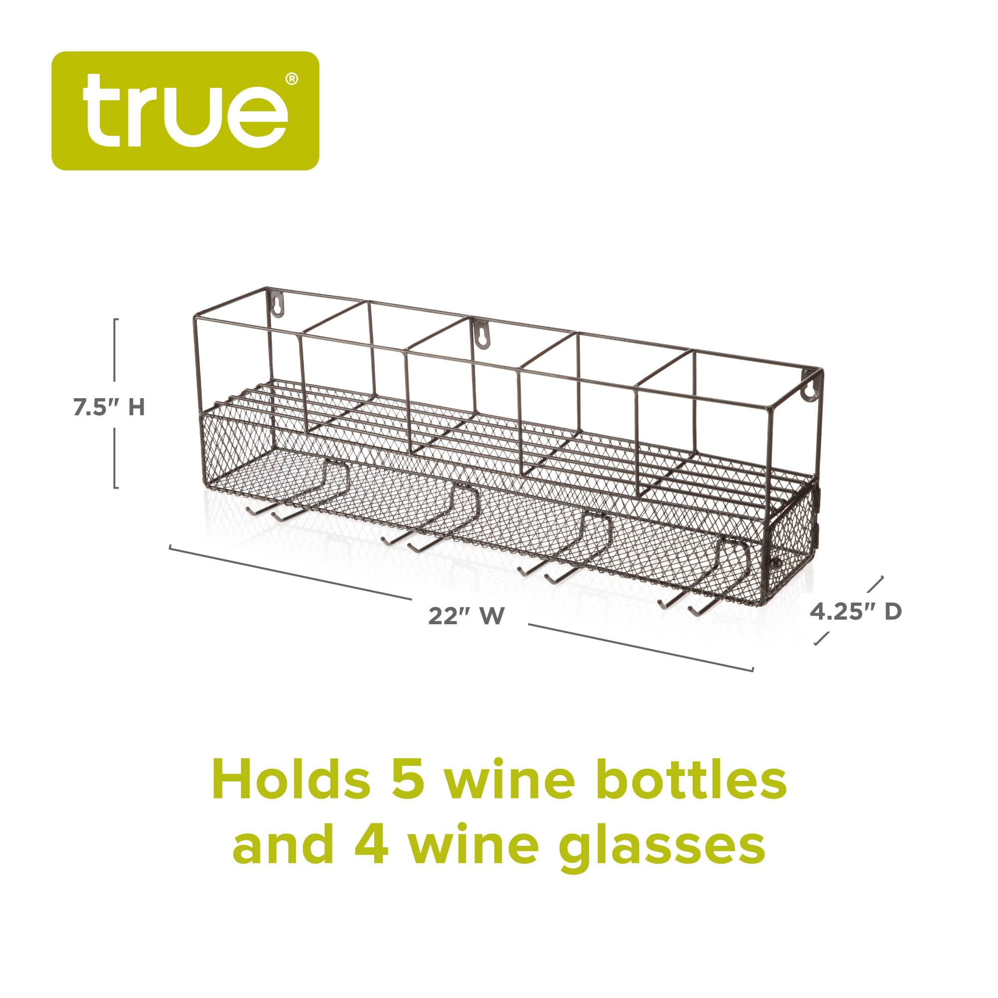 Sturdy Wall Mounted Wine Rack with Cork Cage Stemware Holder - Holds 5 Wine Bottles & 4 Glasses, Rustic Brown Finish - Perfect for Kitchen, Bar, Dining Room & Wine Cellar Organization