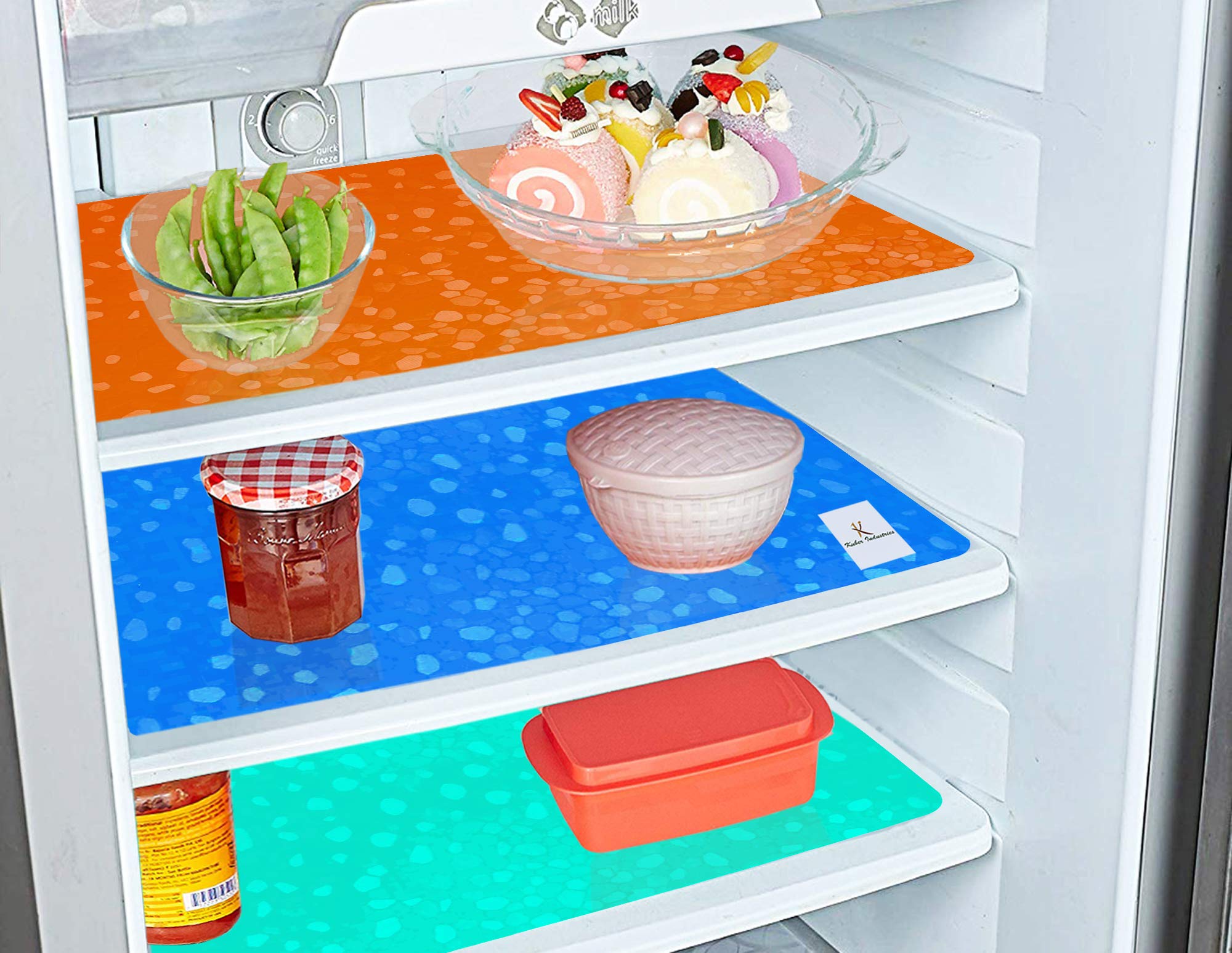 Kuber Industries 3-Piece PVC Refrigerator Drawer Mats Set - Diamond Design Non-Slip Fridge Liners (Blue, Green, Orange) for Food Storage & Organization | Fridge Shelf Protector, Kitchen Organization Essentials