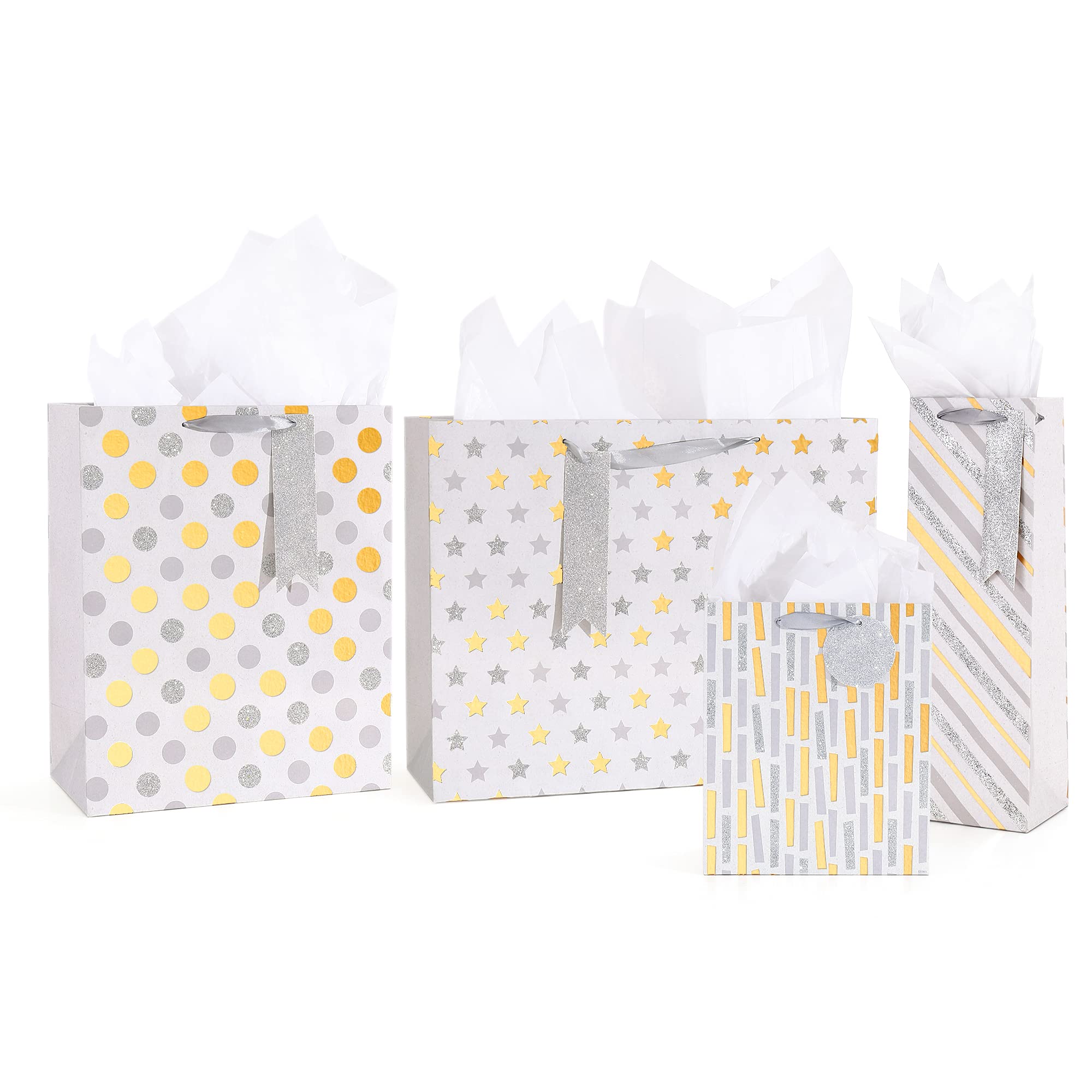 4 Pack Kraft Paper Gift Bags with Tissue Paper - Assorted Sizes (Large, Medium, Small) - Reusable Polka Dots, Stripes & Stars Design - Perfect for Birthday Parties, Weddings, Mother's Day & Special Occasions - Eco-Friendly Party Favors & Gift Packaging Solution