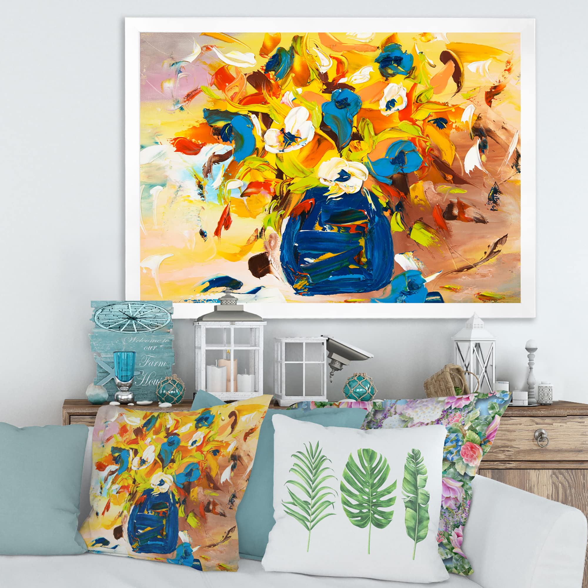 DesignQ Vibrant Yellow and Blue Flower Bouquet Framed Wall Art - Perfect for Living Room, Bedroom & Office Decor