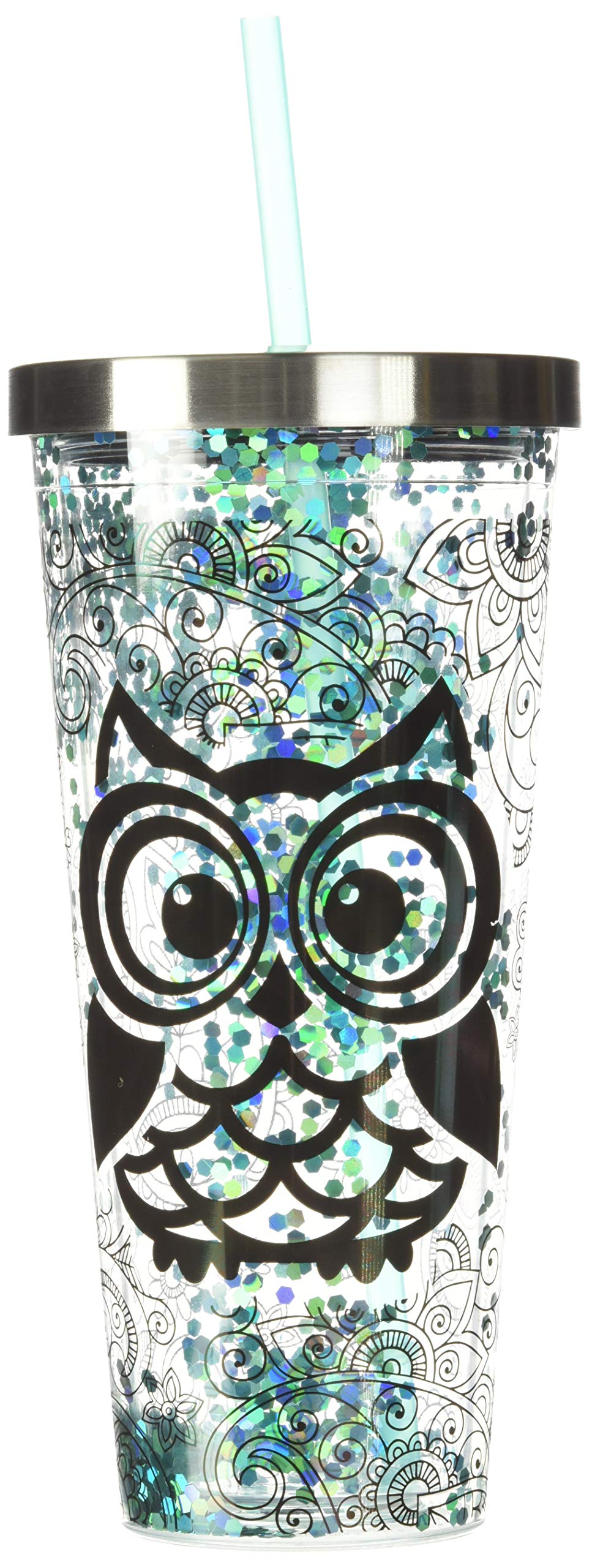 Spoontiques 20 oz Glitter Filled Acrylic Tumbler with Straw - Double Wall Insulated Stainless Steel Locking Lid - BPA Free Blue Owl Design - Perfect for Office, Gym & Outdoor Activities
