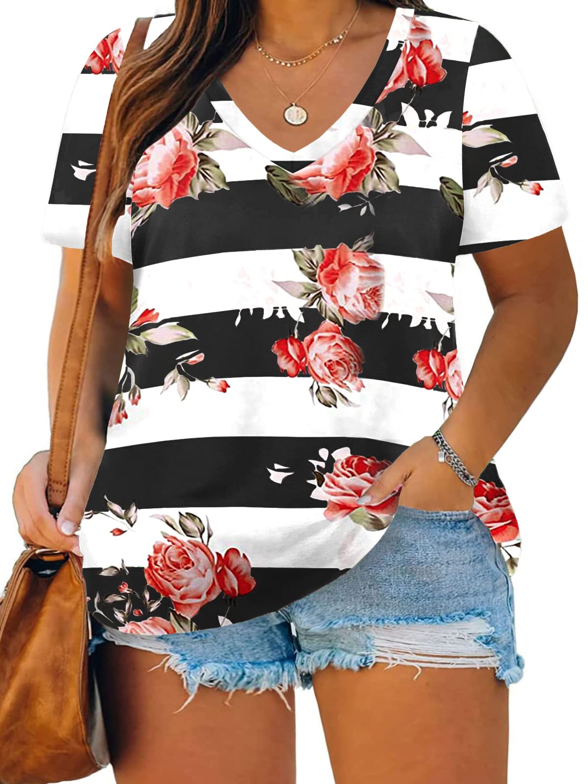 ROSRISS Plus Size Women's Casual Summer T-Shirts - V Neck Short Sleeve Tunics for Everyday Wear | Perfect for Work, Weekend & Vacation Outfits