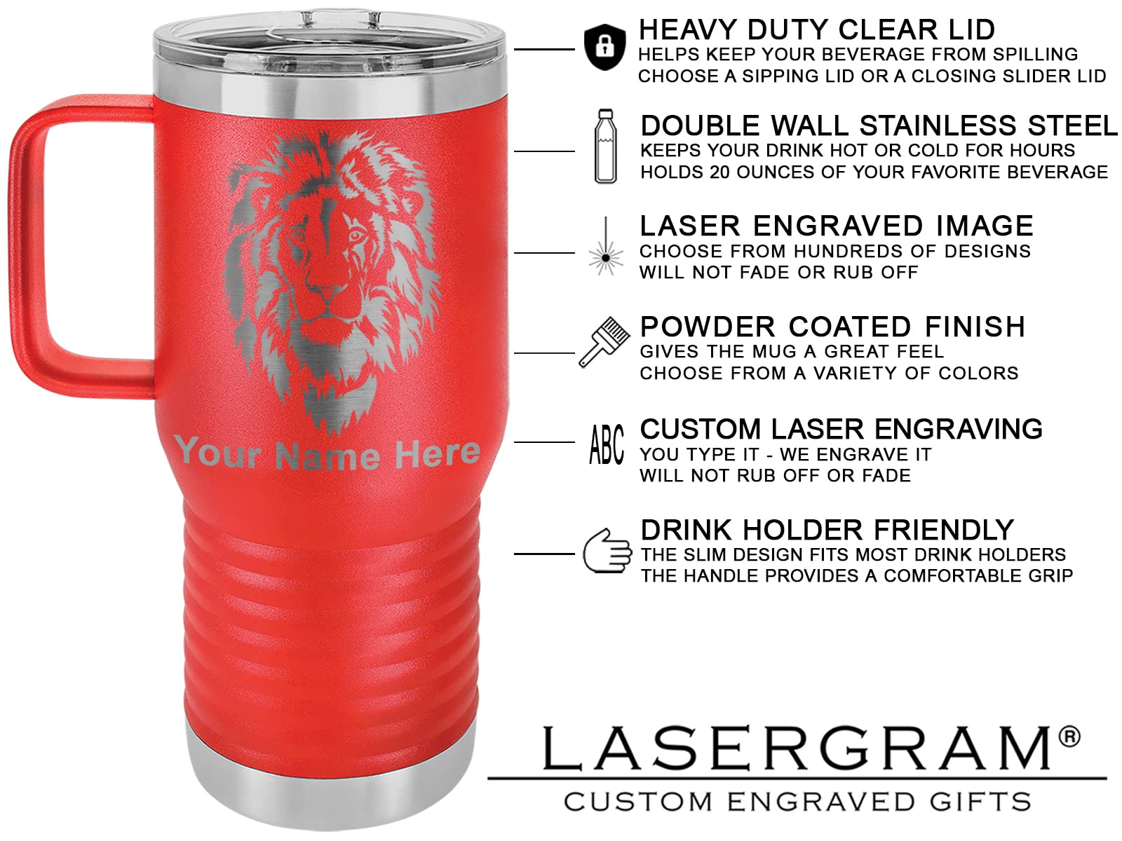 LaserGram 20oz Vacuum Insulated Stainless Steel Travel Mug with Handle - Custom Engraved Racing Flag Design, Leak Proof Coffee Thermos for Car, Office & Outdoor Adventures (Red)