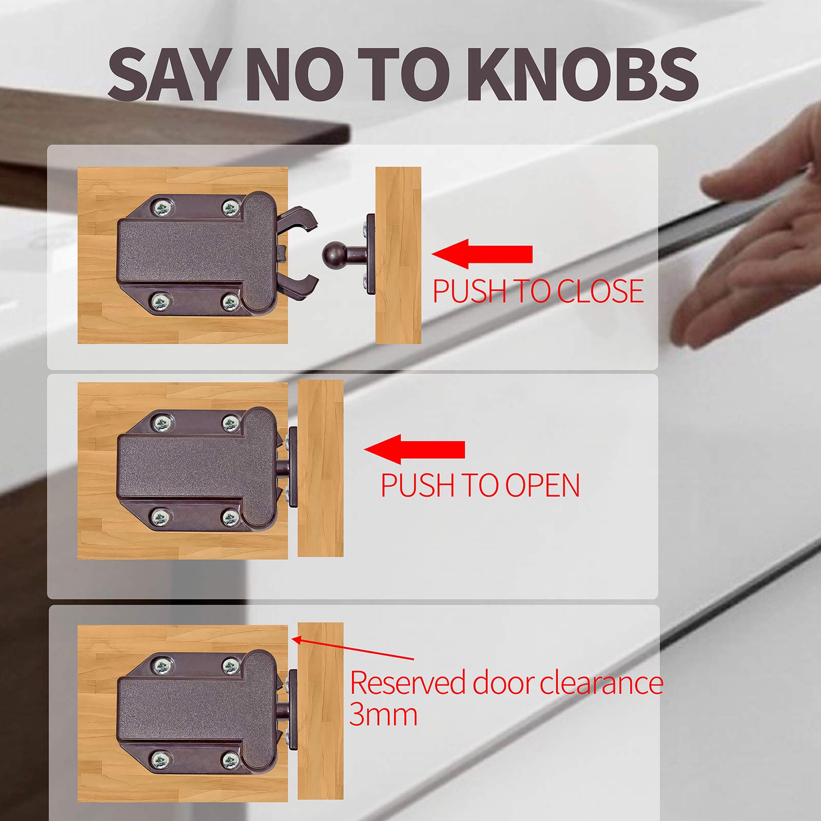 8 Pack Push Latch Cabinet Lock - Self-Locking Rebound Mechanism with Automatic Pop-Up Function, Prevents Door Sliding, Hidden Brown Lock for Kitchen Cabinets, Wardrobes & Furniture Doors