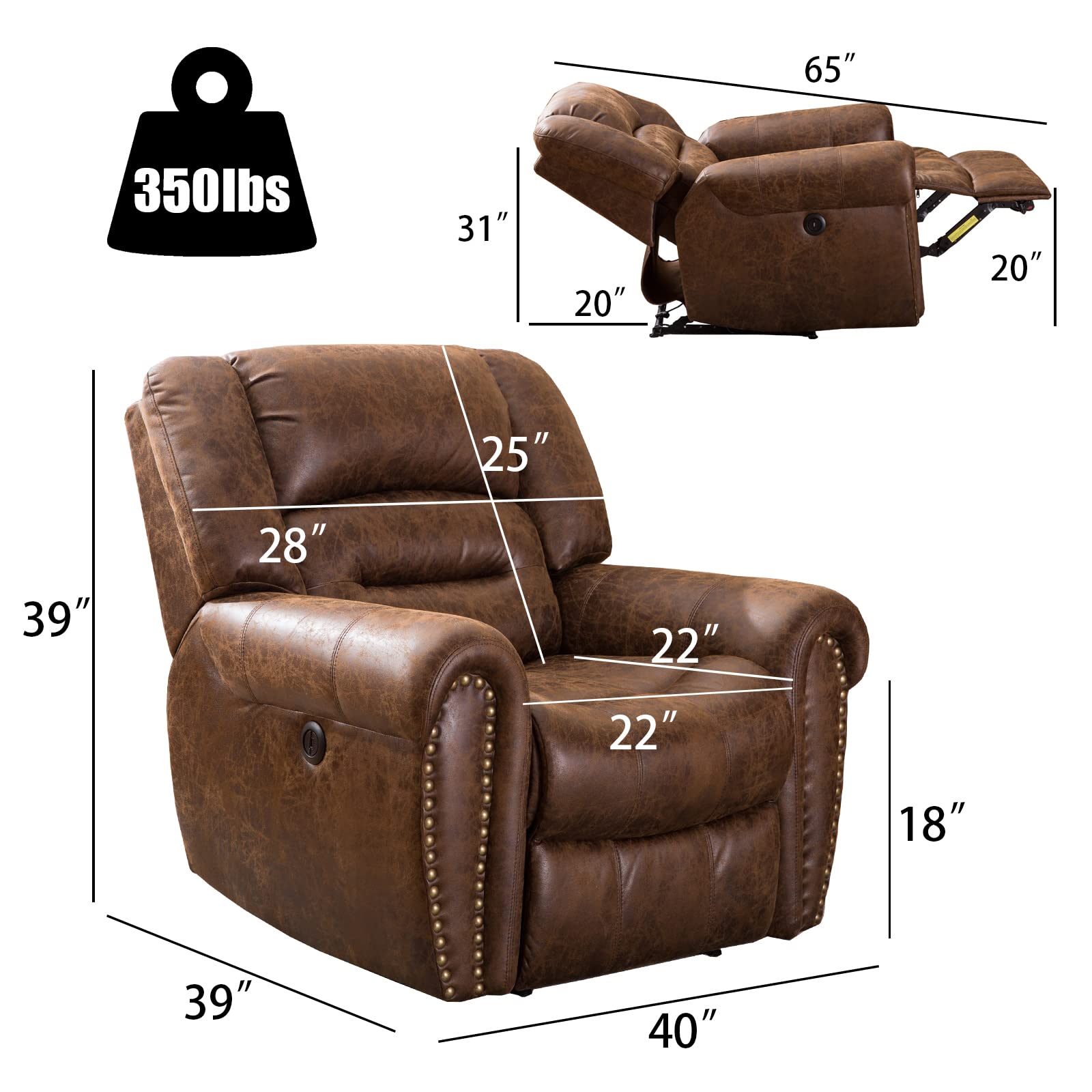 ANJ Electric Power Recliner Set of 2, Breathable Bonded Leather Reclining Chairs with USB Ports - Classic Home Theater Seating & Living Room Furniture (Nut Brown) | Perfect for Movie Nights, Gaming & Relaxation in Your Family Room or Home Theater