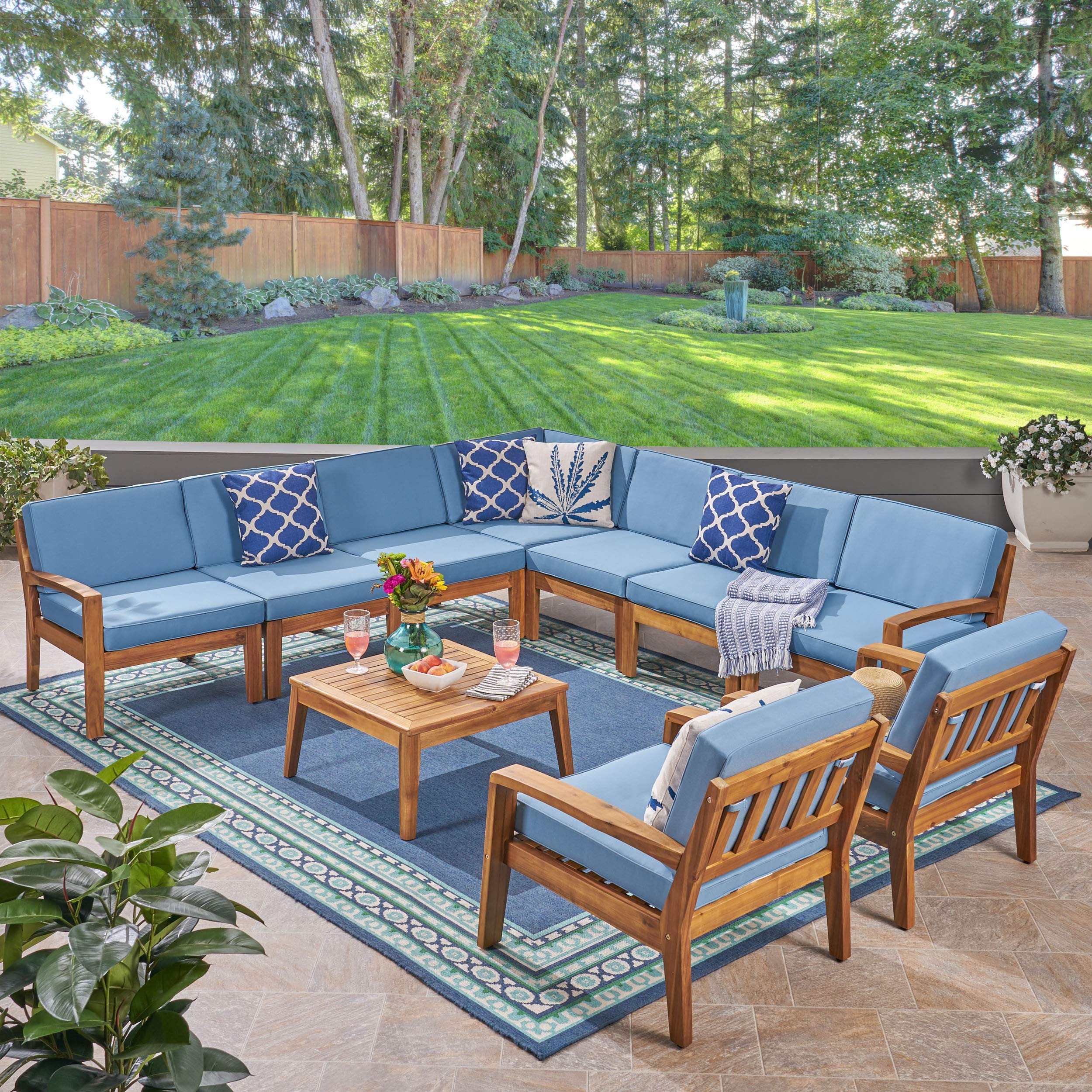 Premium 7-Piece Acacia Wood Patio Sectional Sofa Set with Cushions - Includes Coffee Table & Club Chairs - Weather-Resistant Teak Finish & Blue Fabric - Perfect for Outdoor Lounging, Backyard Gatherings & Poolside Relaxation