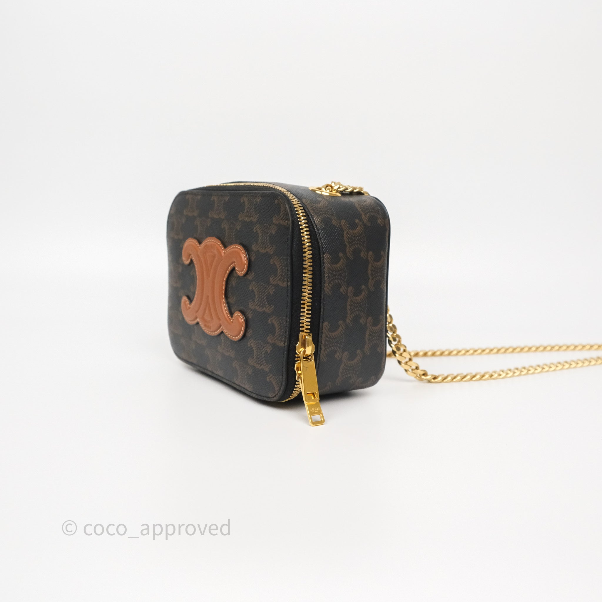 Celine Triomphe Box On Chain Bag in Tan Calfskin Leather with Canvas Accents - Perfect for Work, Evening Events & Everyday Luxury