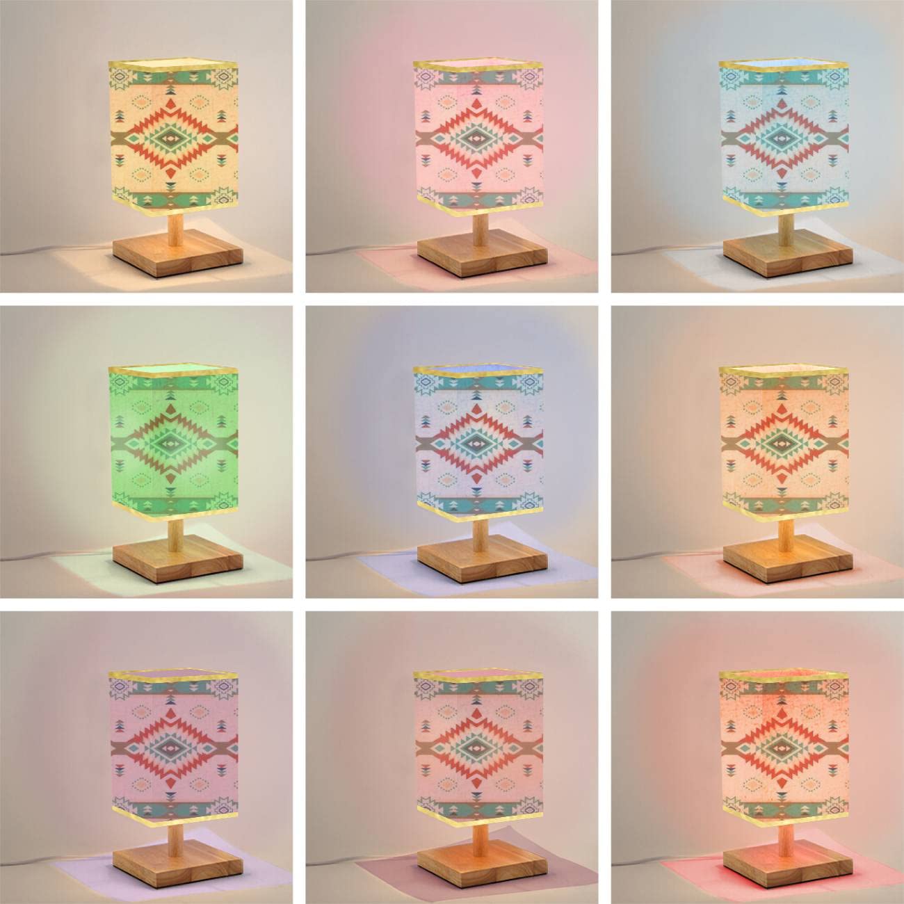 Handcrafted Native American Southwest Navajo Tribal Geometric Print Wooden Table Lamp with Flaxen Fabric Shade - Dimmable Nightstand & Desk Lamp for Bedroom, Living Room | Perfect for Southwest Decor, Cozy Reading Nook & Ambient Lighting