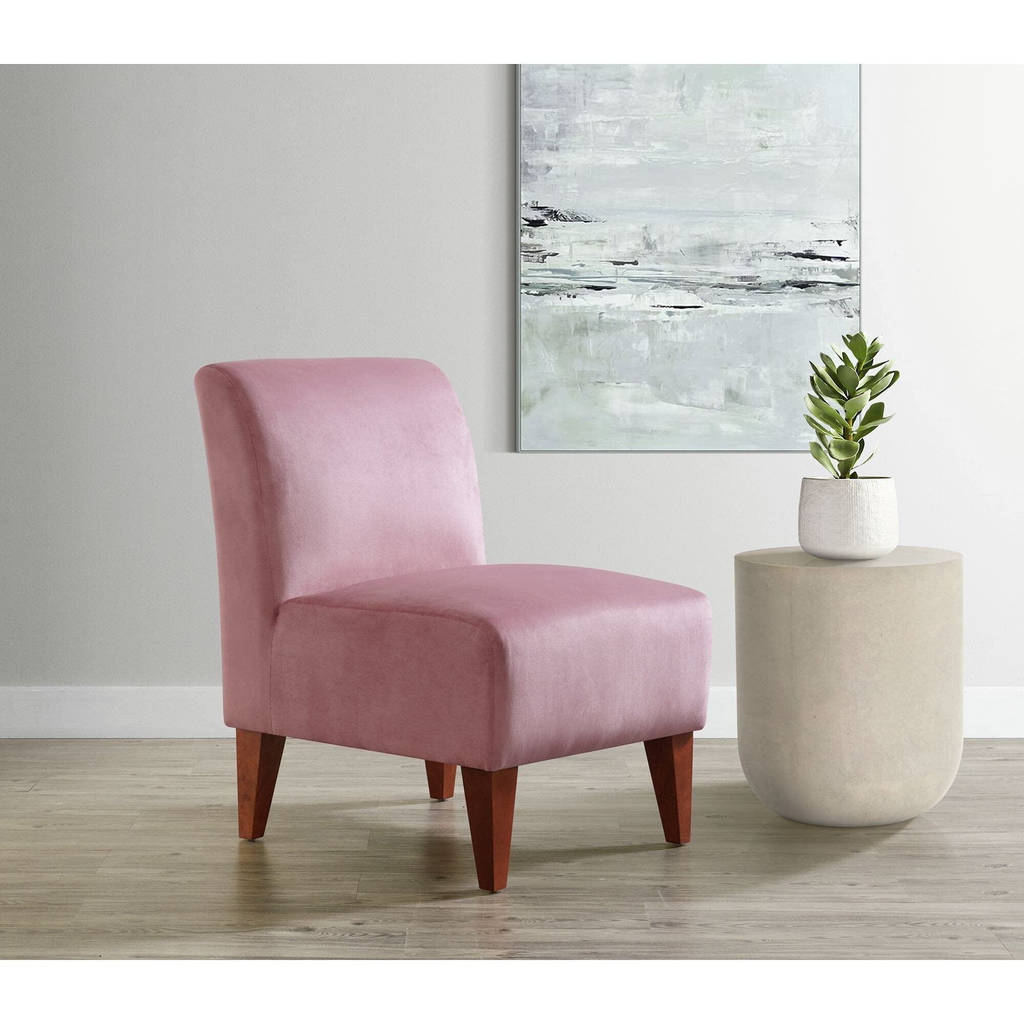 Blush Pink Slipper Chair - Transitional Fabric Upholstery with Pine Walnut Finish | Comfortable Accent Chair for Living Room, Bedroom or Office