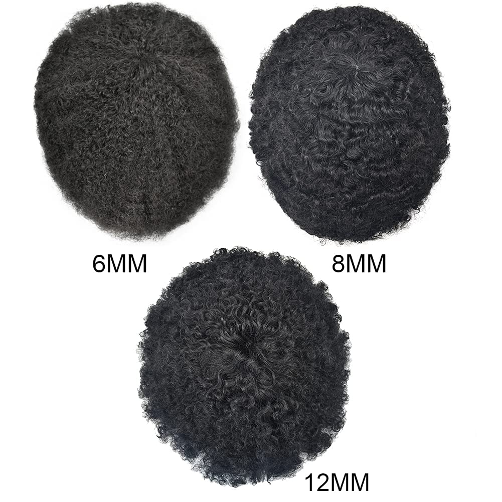 Natural Hand-Tied Human Hair Kinky Curly Afro Wig for Black Men - 10mm Wave #1 Jet Black - Durable Injected PU Hair Unit for African American Men | Perfect for Daily Wear, Cosplay & Special Events