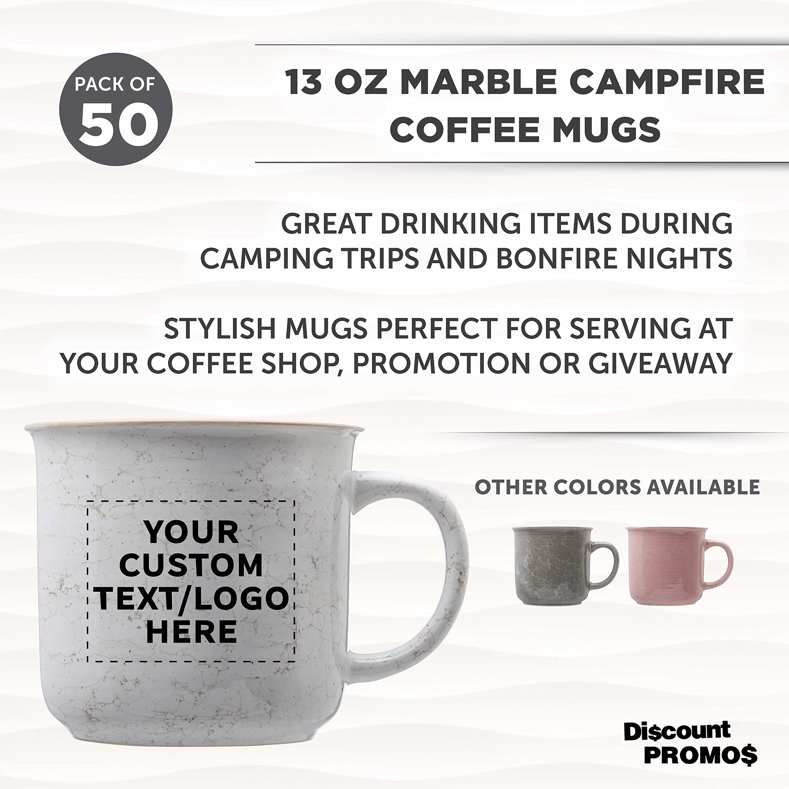 Custom Marble Campfire Coffee Mugs 13 oz (Set of 50) - Bulk Personalized Ceramic Mugs for Coffee, Tea, Espresso & Hot Cocoa - White - Perfect for Camping, Picnics & Outdoor Gatherings