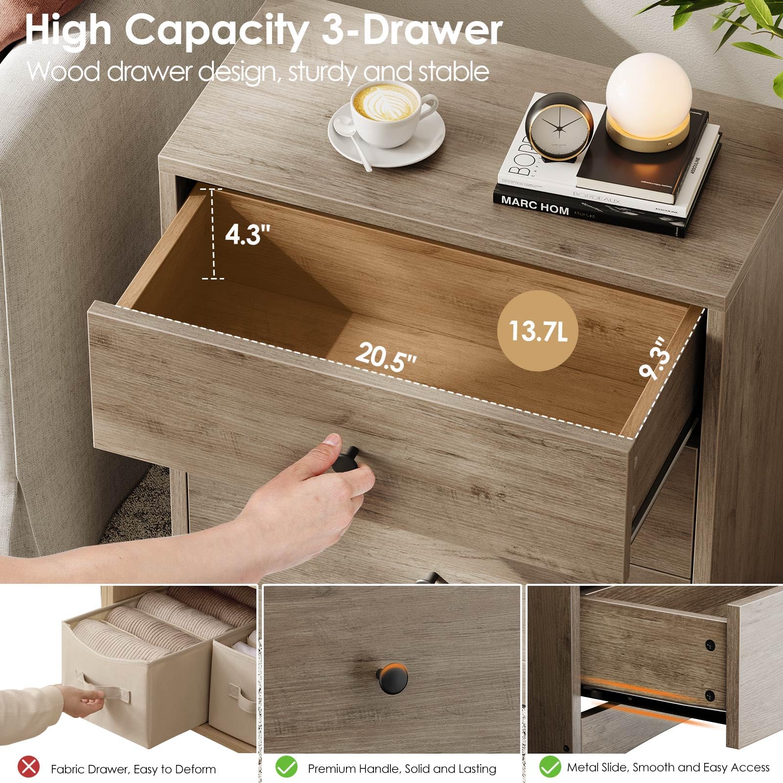 Farmhouse Nightstand with 3 Drawers - Solid Wood Bedside Table, Small Dresser Cabinet for Bedroom - Rustic Gray Storage Furniture for Small Spaces | Perfect for Reading Nook, Guest Room & Apartment Living