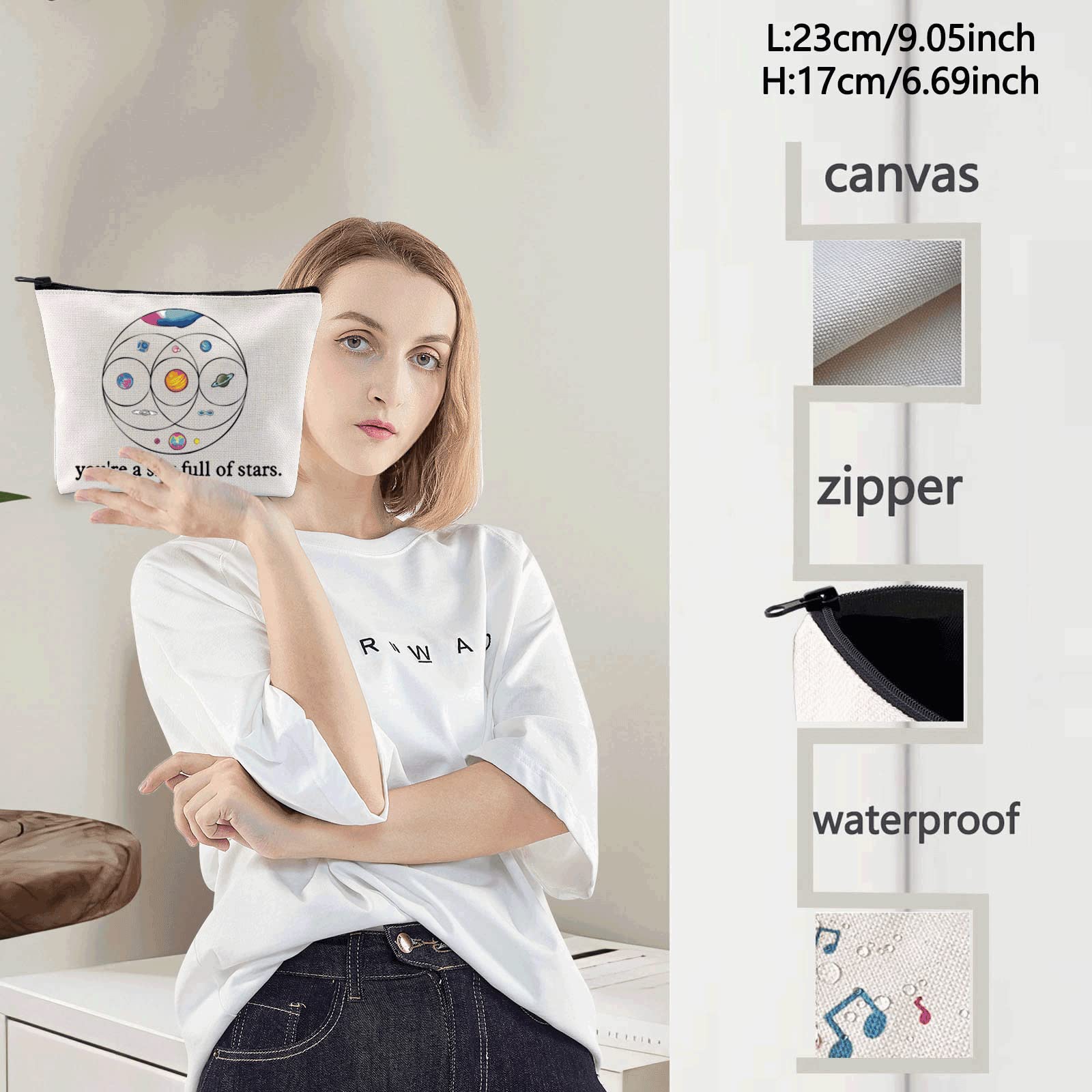 LEVLO Star Moon Sun Cosmetic Makeup Bag for Women - Cute Music Band Themed Zipper Pouch, Perfect Gift for Girls & Music Lovers (Great for Travel, Gym & Daily Organizer)