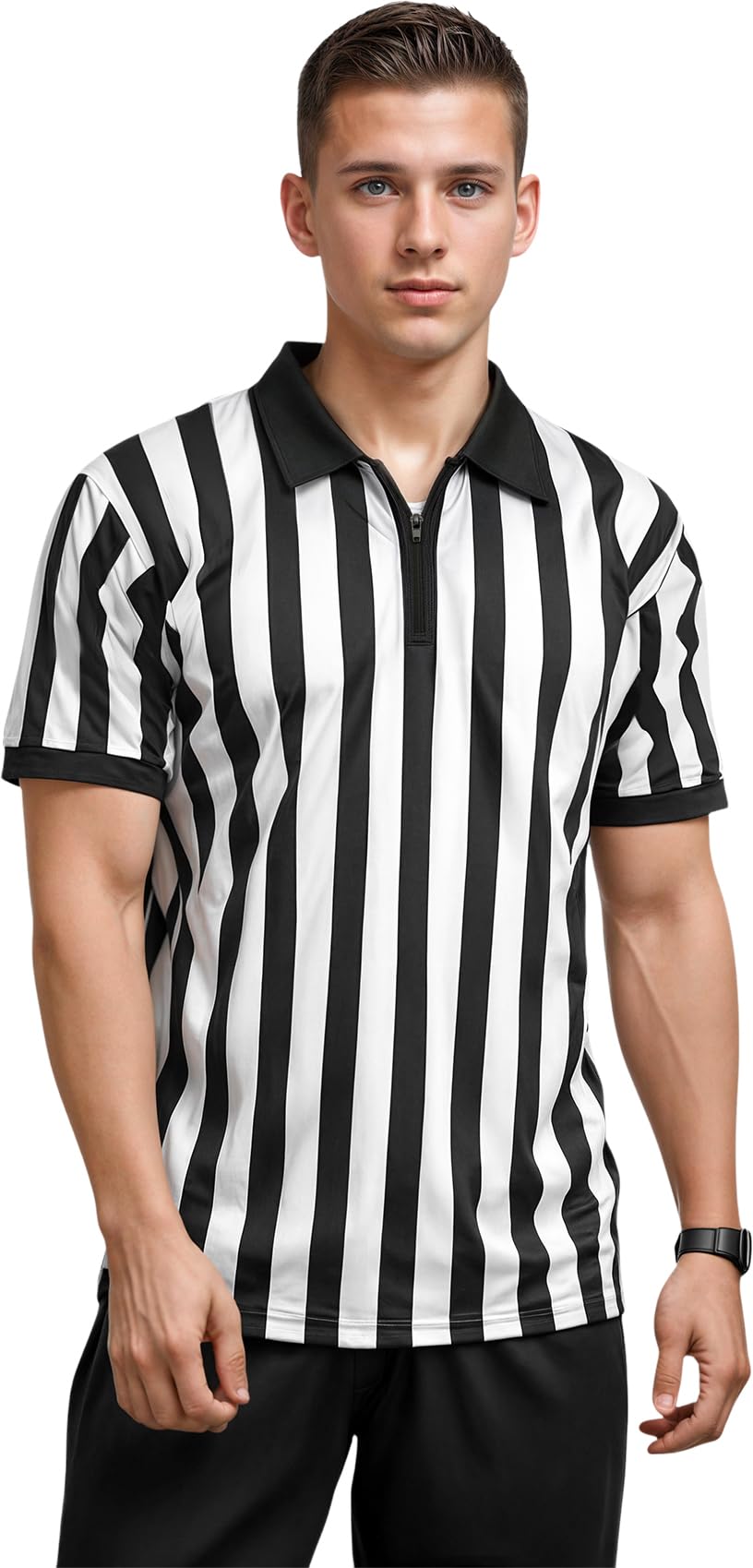 **Men's Athletic Fit Referee Shirt – V-Neck & Zipper Styles for Basketball, Sports & Costume Events – Perfect for Games, Officiating, and Halloween Outfits**