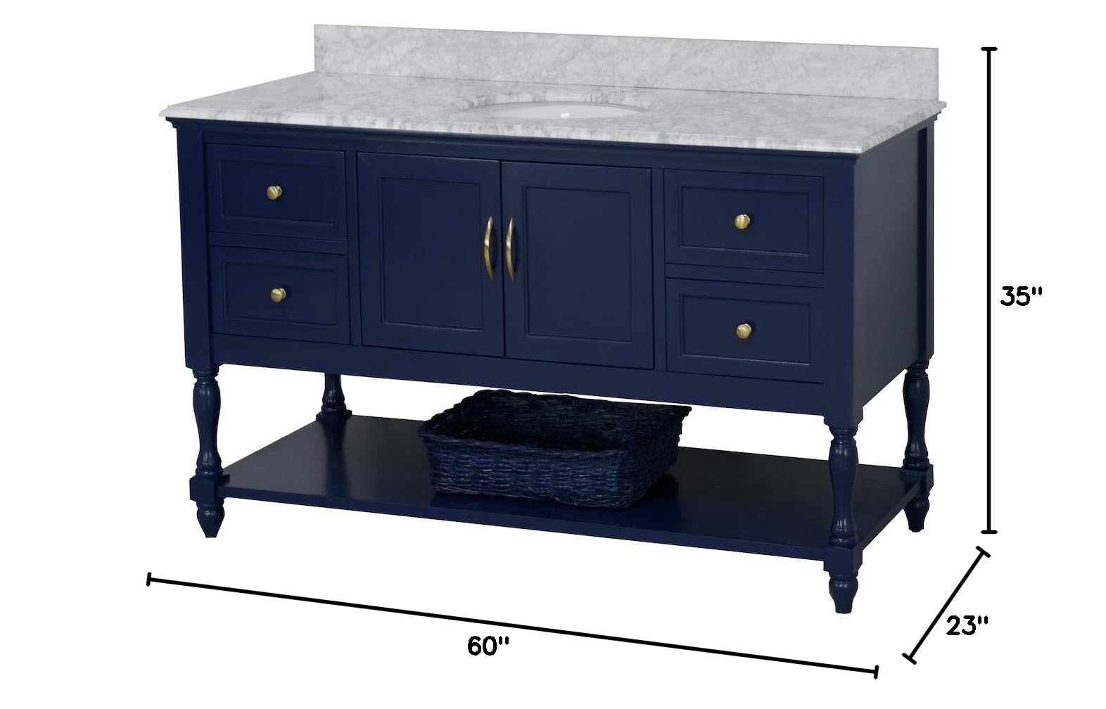 Beverly 60-inch Single Bathroom Vanity with Carrara Marble Top & Royal Blue Cabinet - White Ceramic Sink Included | Modern Bathroom Furniture for Master Bath, Guest Bath & Powder Room | Durable Italian Marble Countertop & Spacious Storage