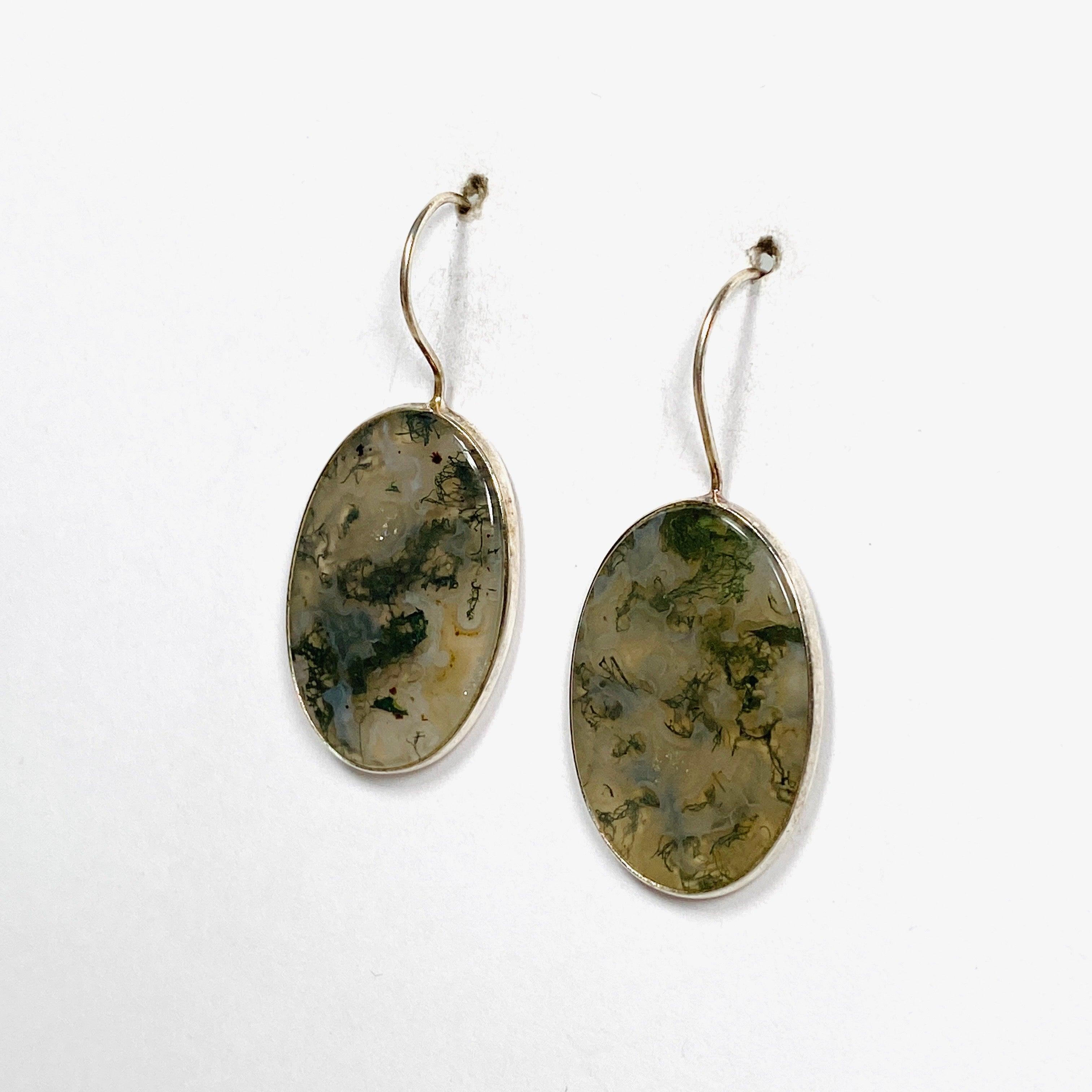 Natural Moss Agate Oval Dangle Earrings with Sterling Silver Hooks - Elegant Boho Jewelry for Women | Perfect for Weddings, Parties & Everyday Wear