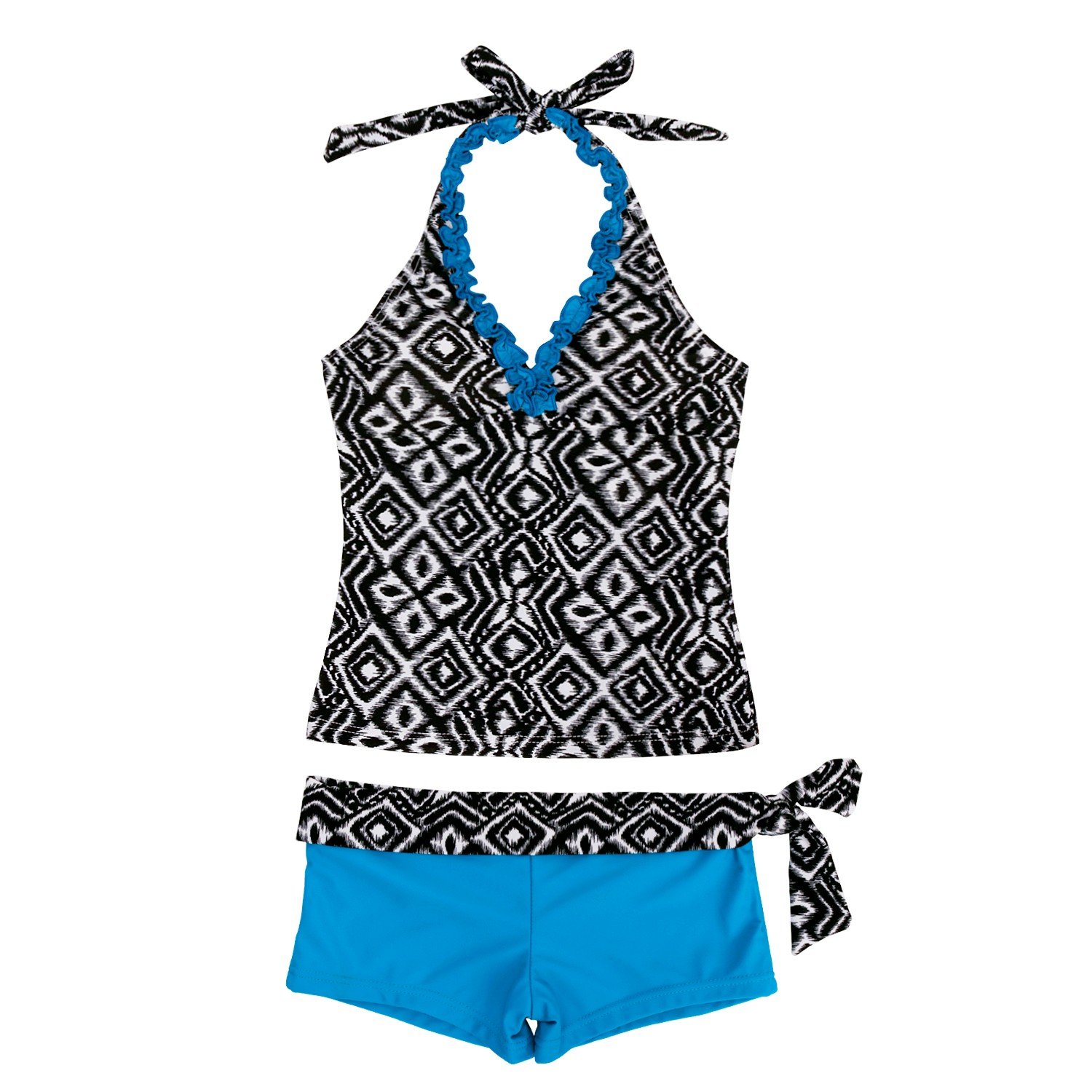 dPois Big Girls' Two-Piece Summer Tankini Swimsuit - Geometric Halter Top with Shorts | Trendy Swimwear for Teens, Beach Vacation & Pool Party