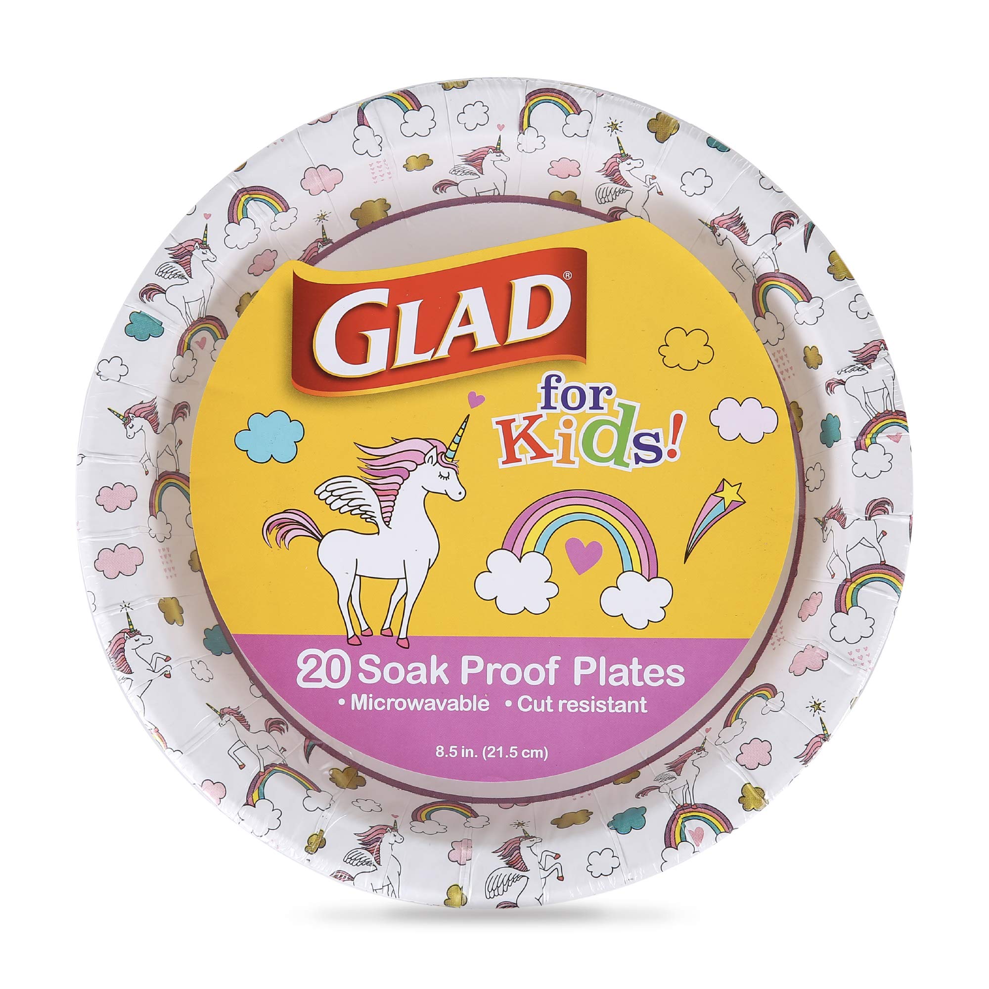 Glad for Kids Unicorns Paper Plates - 8.5 Inch Heavy Duty Disposable Plates with Cute Unicorn Design | Soak Proof & Microwavable Round Paper Plates for Birthday Parties, Picnics & Family Gatherings | 20 Count (Pack of 6)
