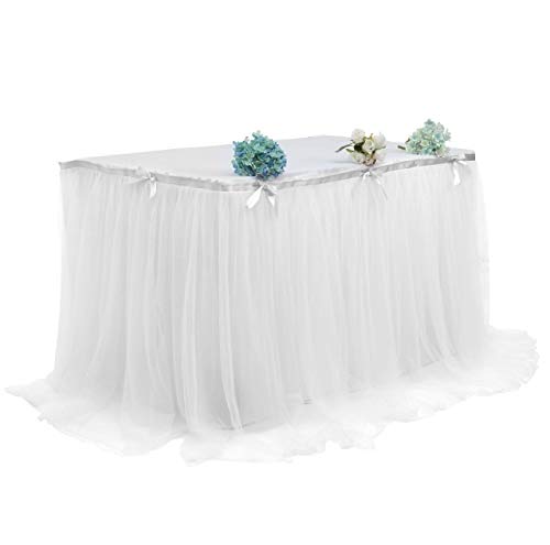 Premium Tulle Table Skirt for Weddings, Birthdays & Baby Showers - 280x76cm White Decorative Banquet Tablecloth for Rectangle Tables - Perfect for Party Decor, Bridal Showers & Event Centerpieces