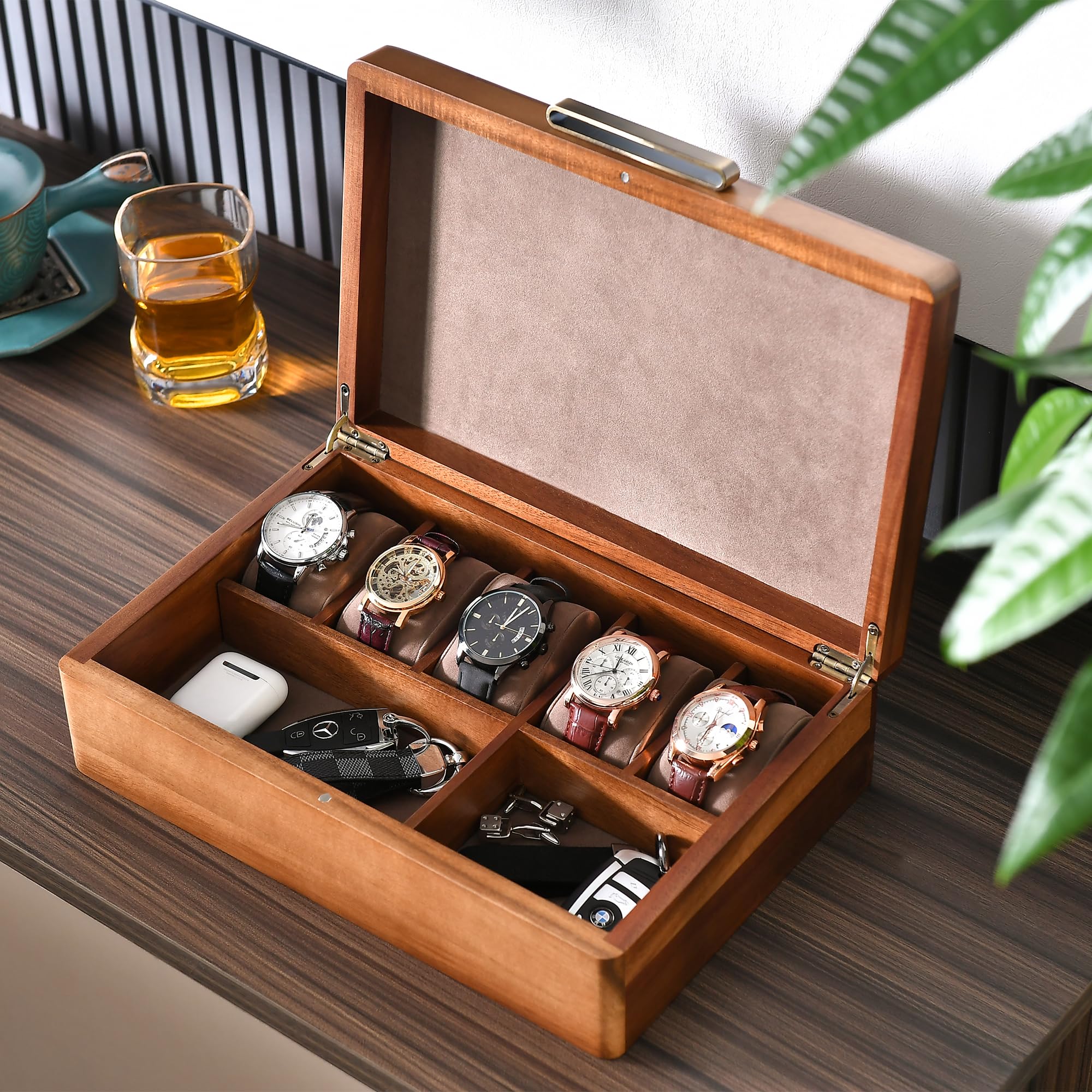 Shanik Large Wooden Watch Box for Men - 5 Slot Personalized Watch Storage Organizer with Engraving - Luxury Watch Case for Collection & Display - Perfect Gift for Watch Enthusiasts & Professionals
