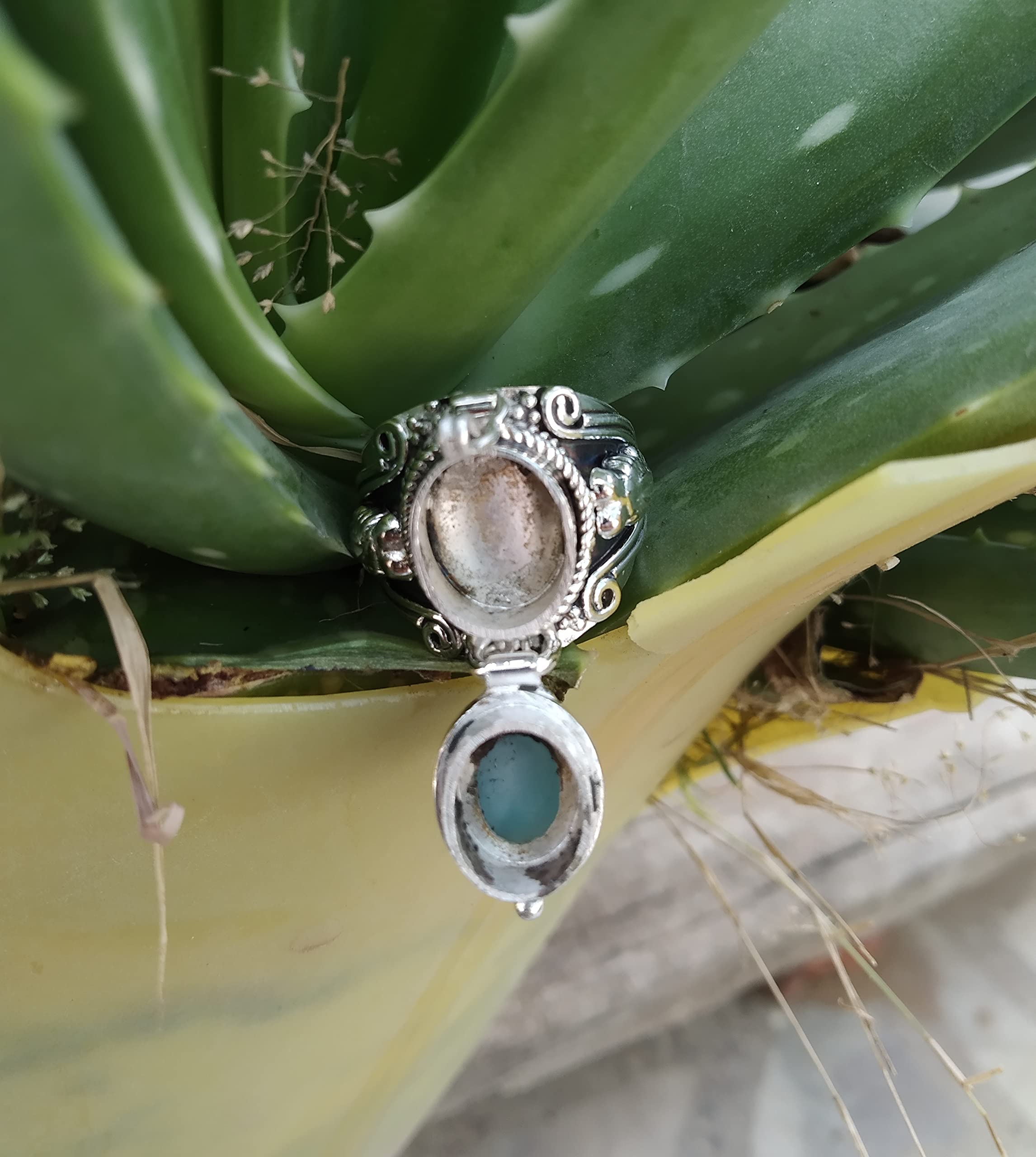 Boho Poison Ring - 925 Sterling Silver Handmade Vintage Style Statement Ring with Dominican Republic Larimar | Poison Locket & Pillbox Ring for Women | Perfect for Gothic Fashion, Witchy Aesthetic & Boho Jewelry Collection