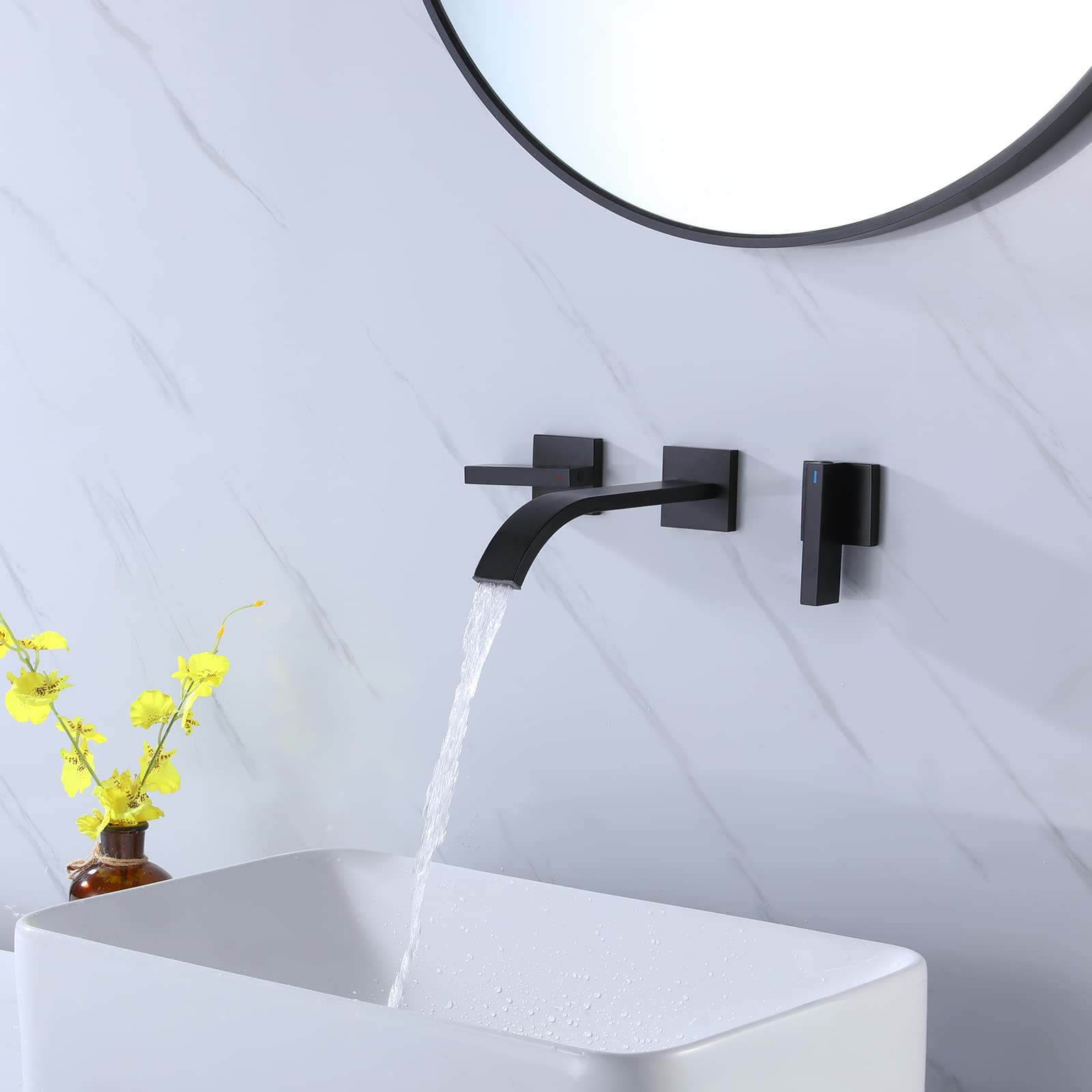 Brushed Brass Wall Mount Bathroom Faucet - Matte Black Sink Faucet with 2 Handles for Modern Bathrooms