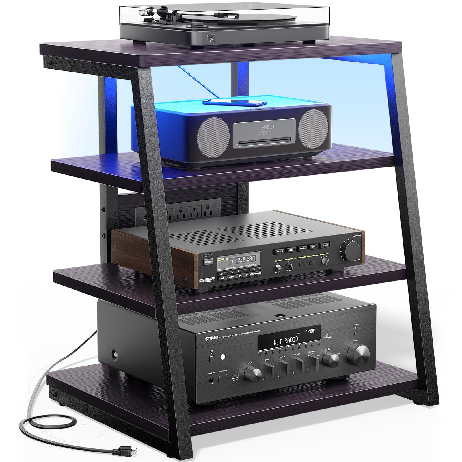 AV Media Stand with Power Outlets & LED Lights - Black Entertainment Center with Storage Shelves for TV, Stereo & Audio Equipment - Perfect for Living Room, Home Theater & Gaming Setup