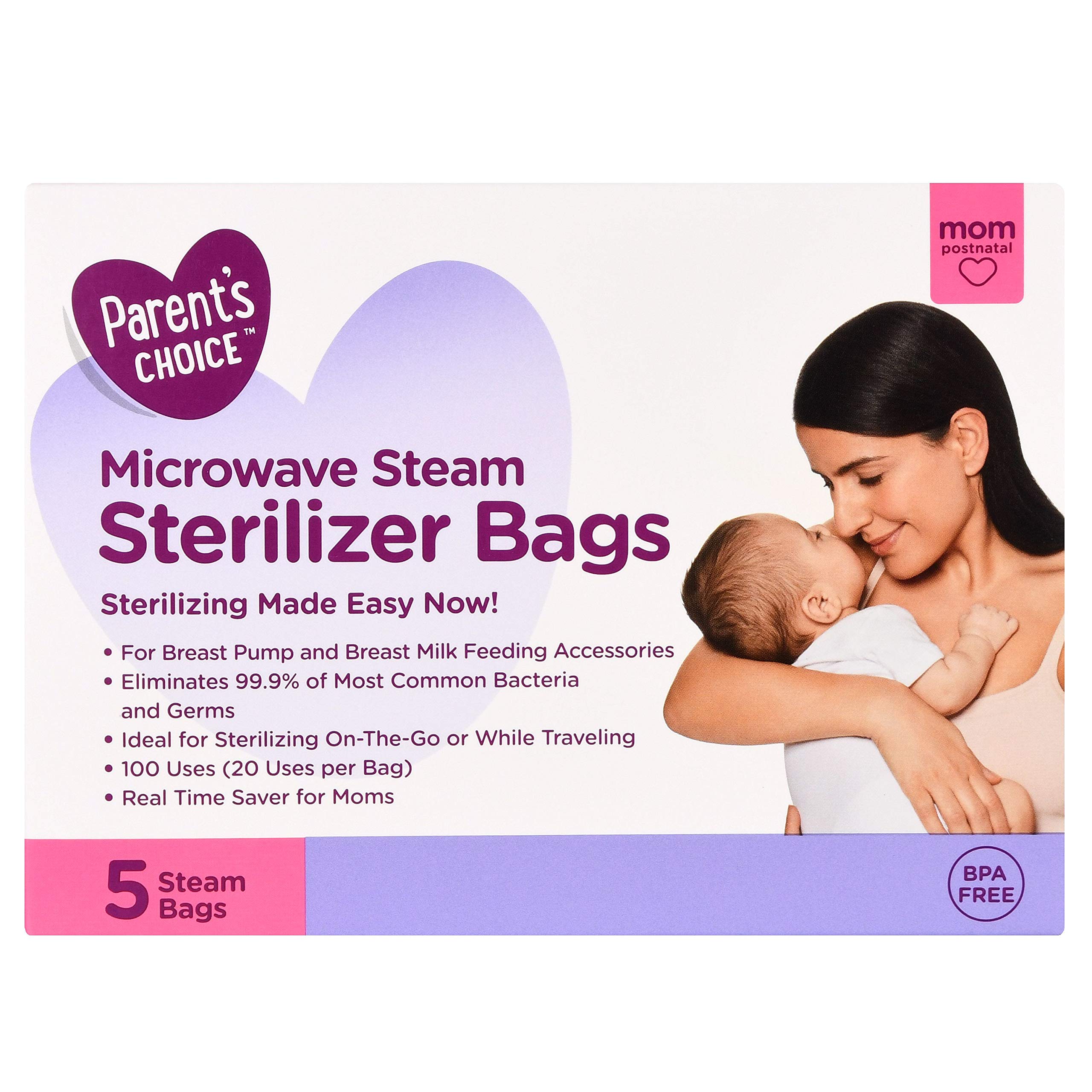 Parent's Choice Microwave Steam Sterilizer Bags for Baby Bottles, Pacifiers & Breast Pump Parts - Quick & Safe Sterilization for On-the-Go Parents