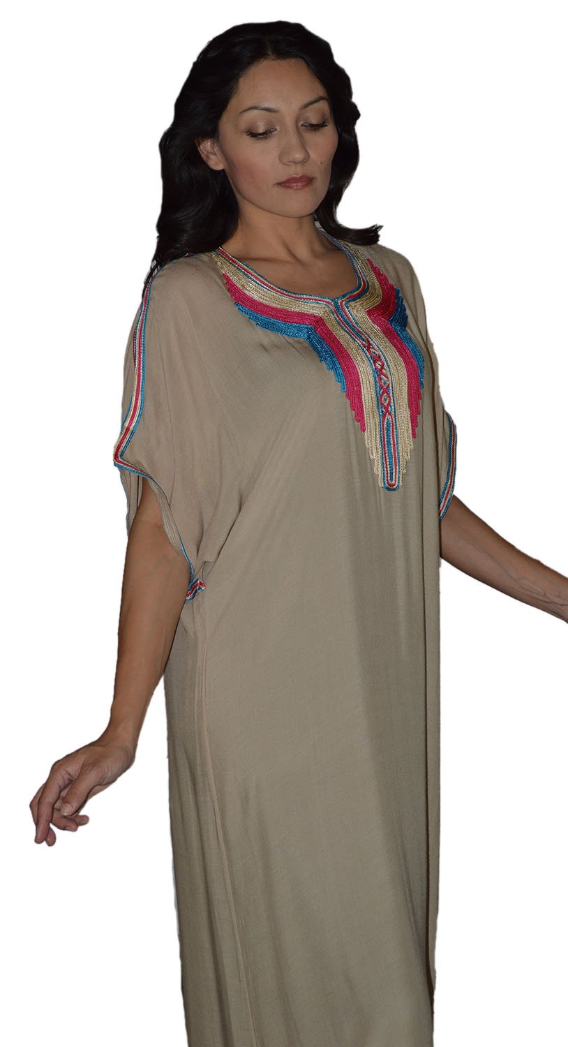 Handmade Moroccan Caftan - Cotton Blend with Embroidery - Breathable & Soft Beige Dress - Sizes S to L - Perfect for Weddings, Beach Vacations & Boho Fashion