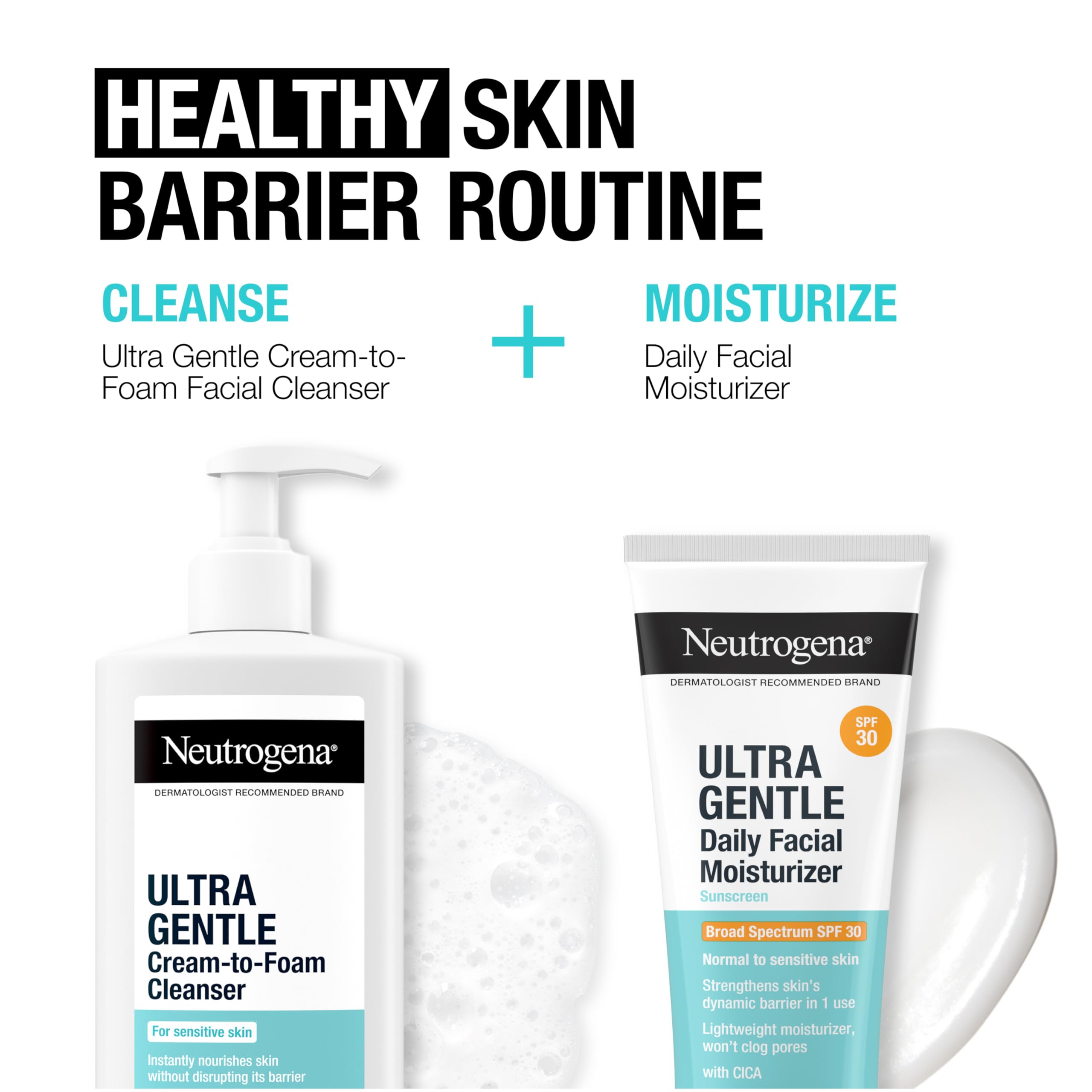 Neutrogena Ultra Gentle Daily Facial Moisturizer with SPF 30 & CICA - Lightweight, Fragrance-Free Face Lotion for Normal to Sensitive Skin | Broad Spectrum Sun Protection | 3.4 fl oz | Perfect for Daily Skincare & Sun Defense Routine