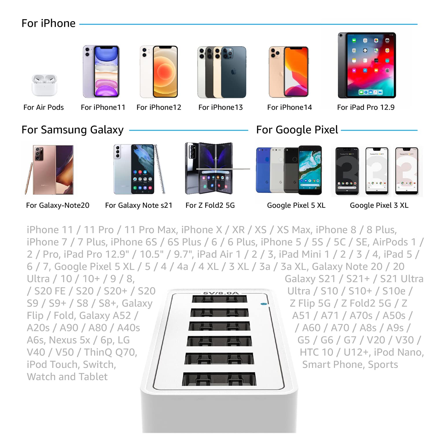 40W 6-Port USB Wall Charger Adapter - Fast Charging Station for iPhone, iPad, Tablets & Smartphones | Foldable Plug & Lightweight Design | Perfect for Home, Office & Travel Use