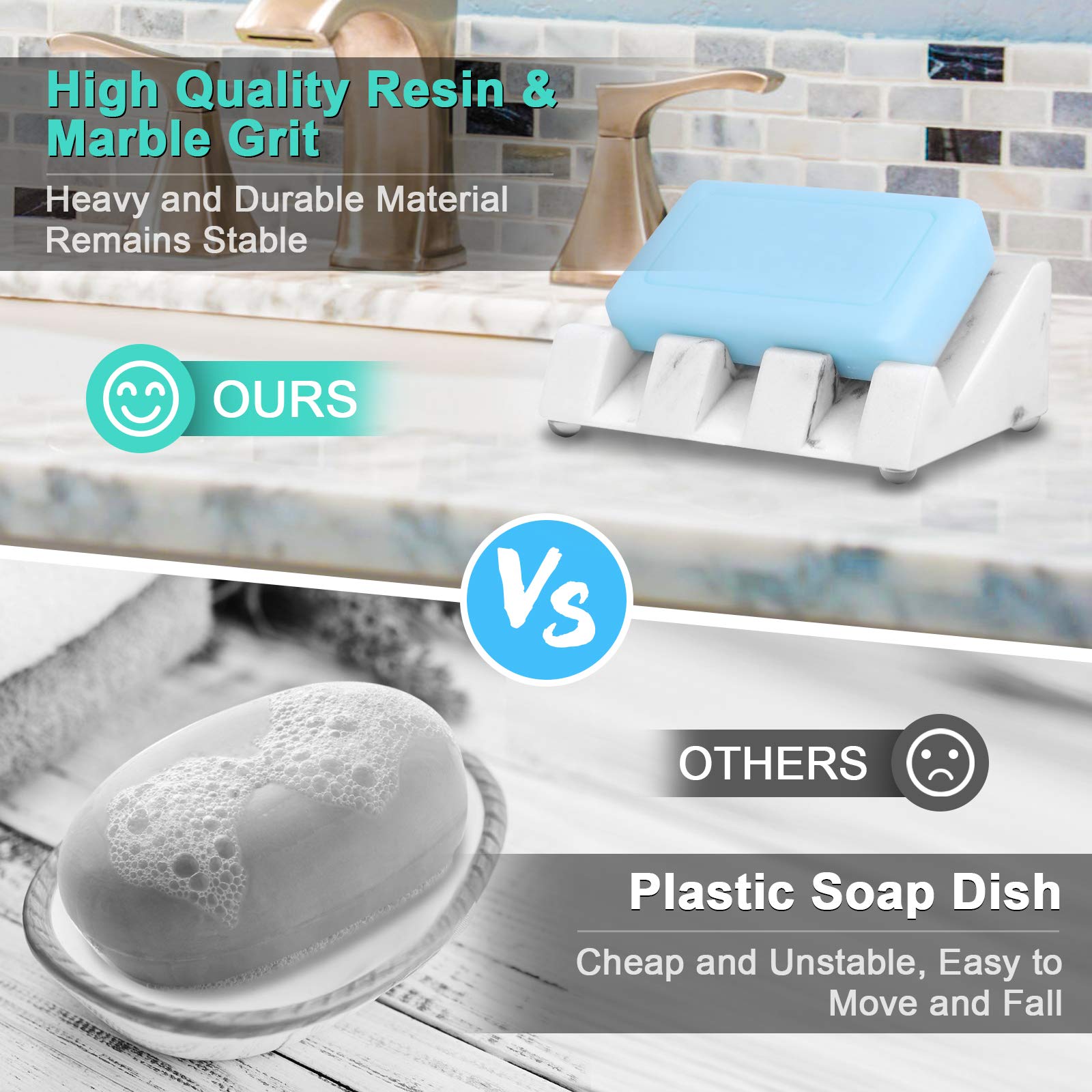 White Marble Soap Dish with Drain - Self Draining Soap Holder Tray for Bathroom & Shower - Modern Waterfall Design Bar Soap Saver - Easy Clean Bath Accessories for Sink Countertop Decor