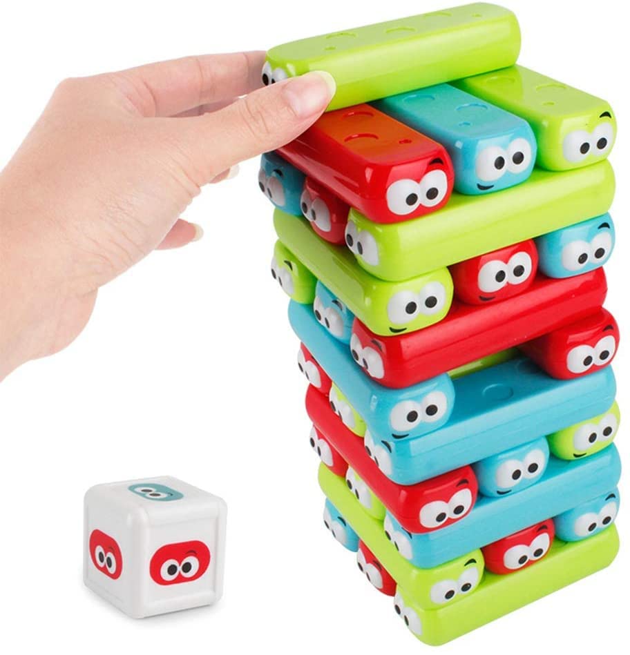 Wonuu Timber Tower Block Stacking Game - Colorful Cartoon Plastic Building Blocks for Kids, Educational Board Toy for Family Fun and Classroom Learning