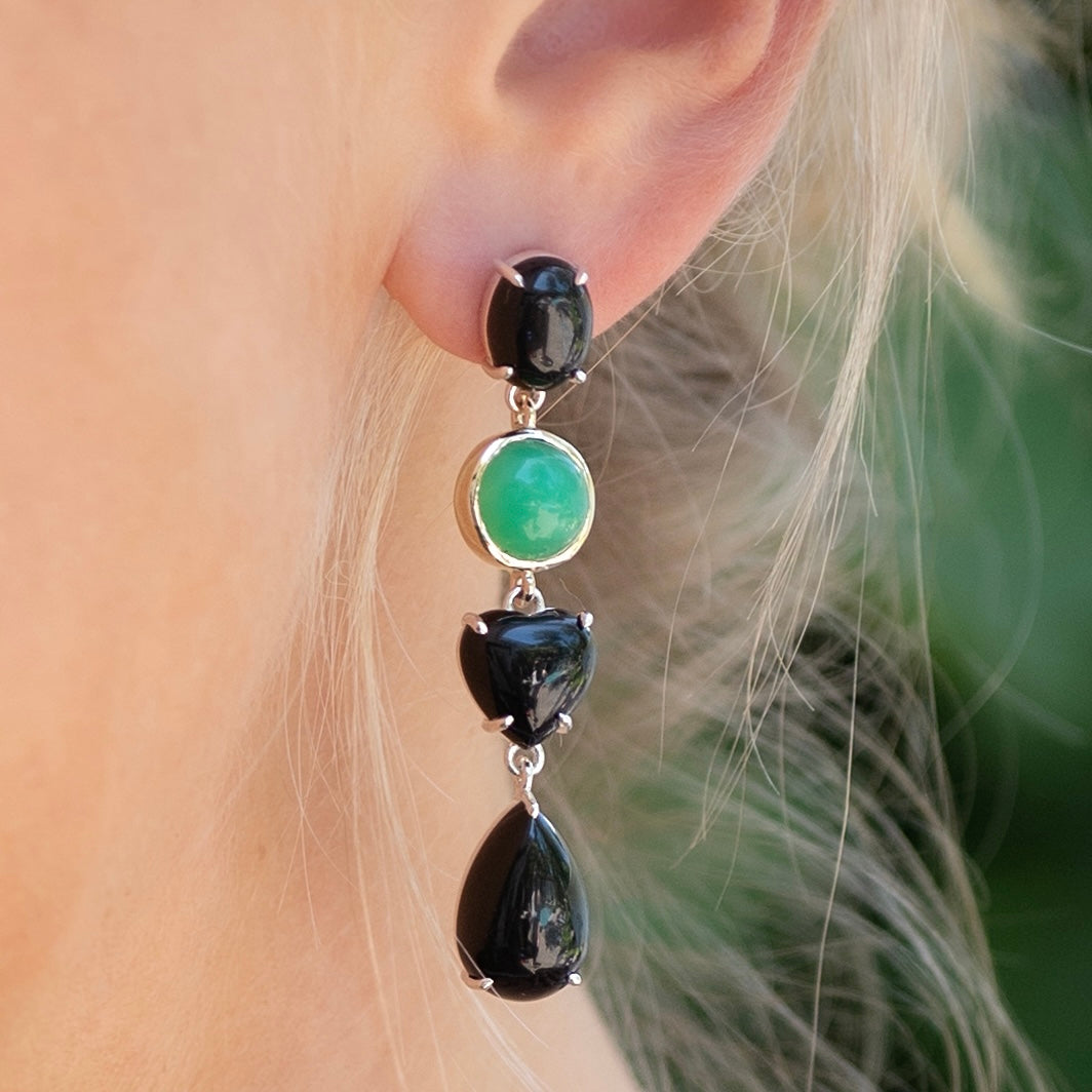 Onyx and Chrysoprase Drop Earrings for Women - Elegant Handmade Gemstone Jewelry - Perfect for Weddings, Parties & Special Occasions