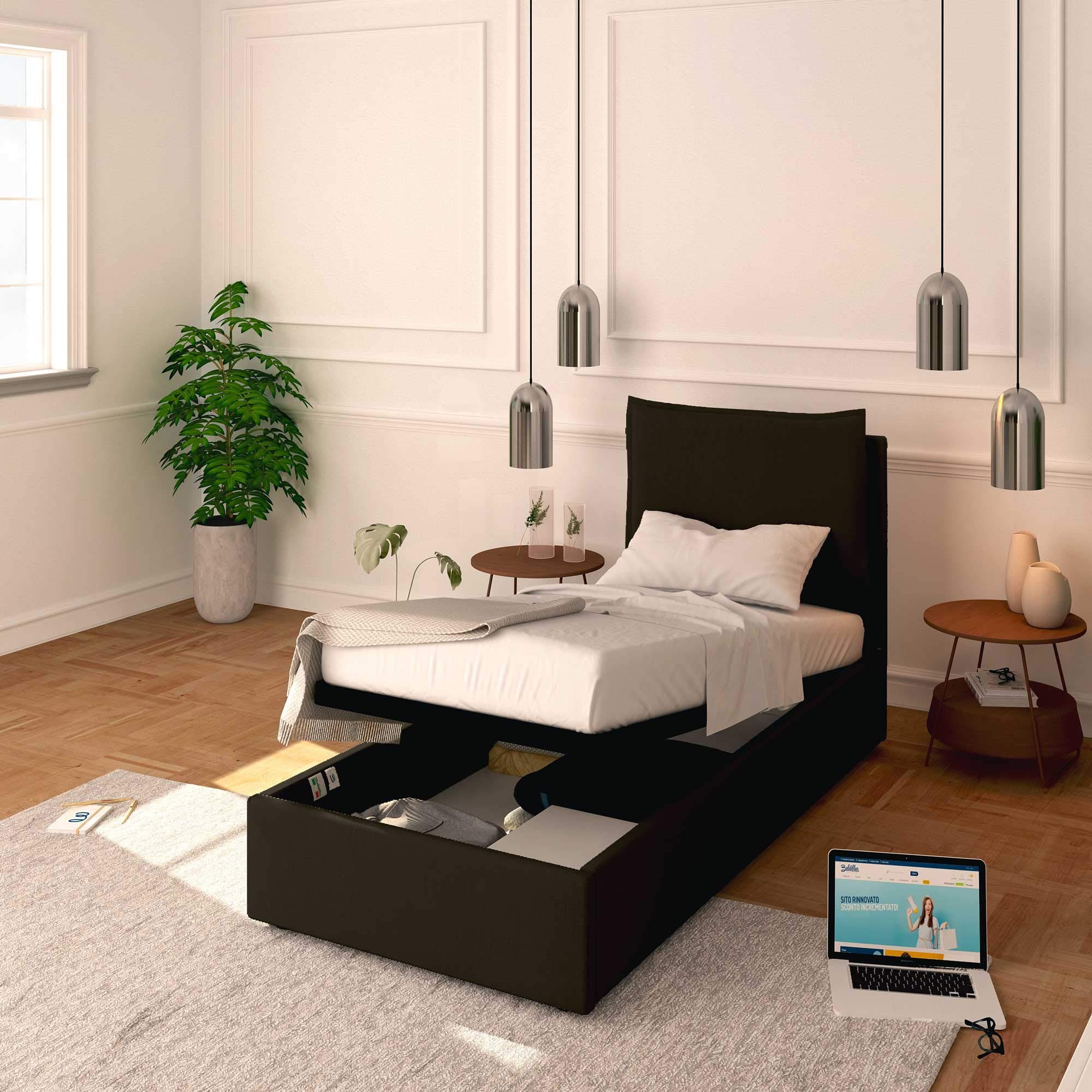 Baldiflex Single Bed with Storage, Licia Model, Synthetic Leather, Slatted Base for Single Mattress, 80 x 190 cm, Finely Padded Chocolate Headboard – Perfect for Small Bedrooms, Guest Rooms & Studio Apartments