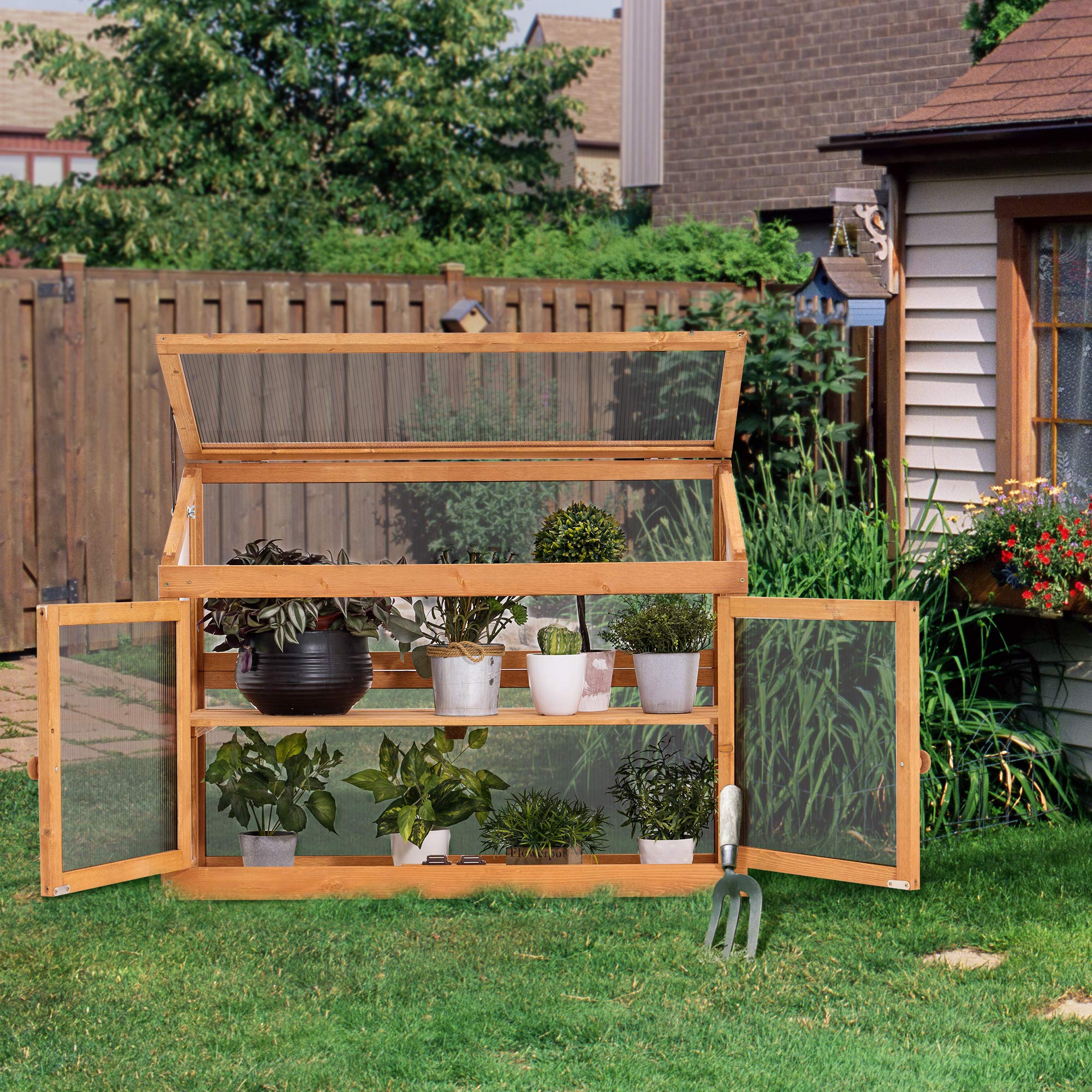 MCombo 2-Tier Wooden Cold Frame Greenhouse - Raised Garden Bed Planter Shelf for Flowers & Vegetables - Outdoor Plant Protection Box 6057-0160 (Orange) - Perfect for Backyard Gardening, Balcony Planting & Winter Plant Shelter