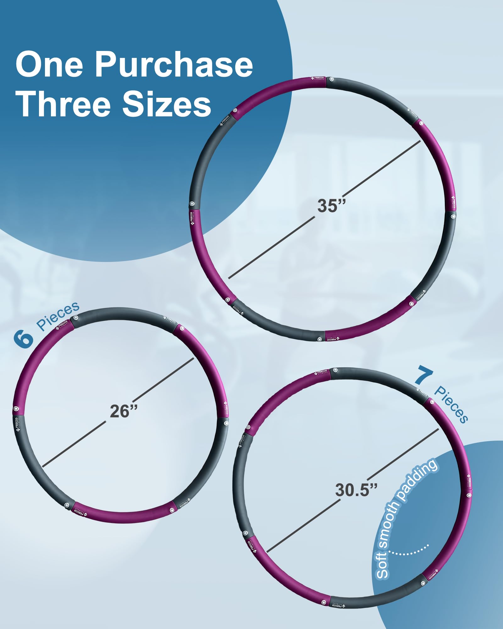 FEECCO Weighted Fitness Hoop for Adults - 8 Detachable Sections Adjustable Hula Hoop for Weight Loss & Core Workout - Perfect for Home Gym, Outdoor Exercise & Belly Fat Burning