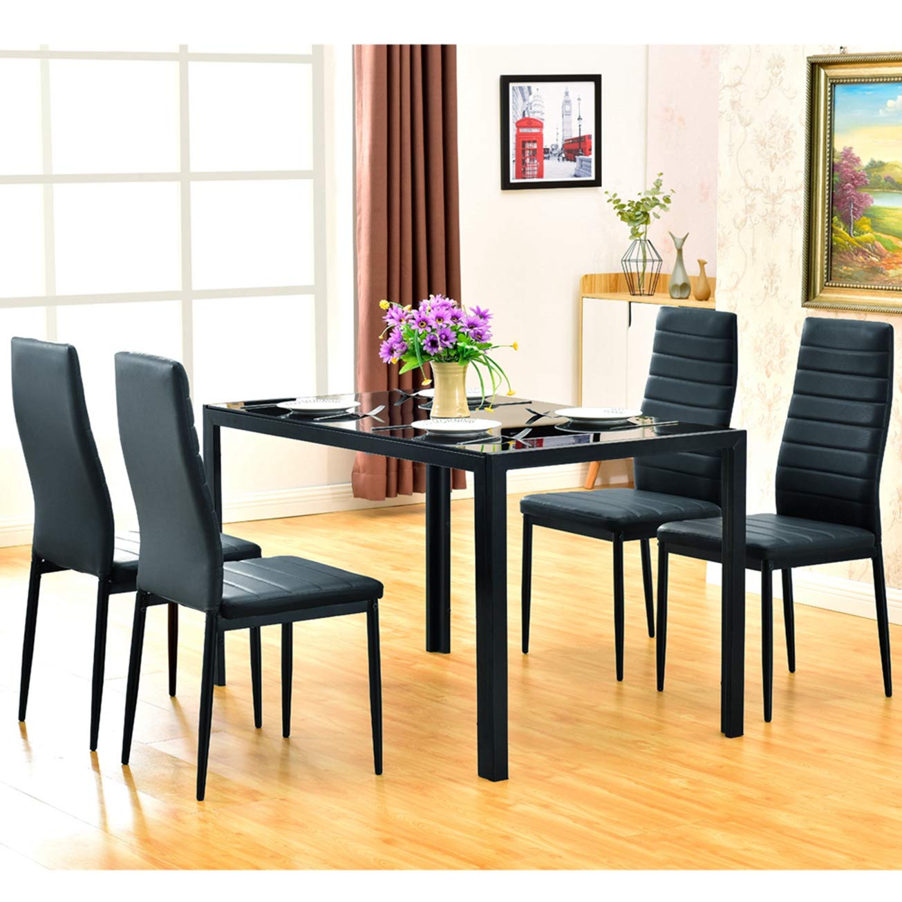 Modern Black Tempered Glass & Iron Dining Table - Simple Assembly, Elegant Design for Kitchen, Dining Room, Office, or Breakfast Nook | MITPATY