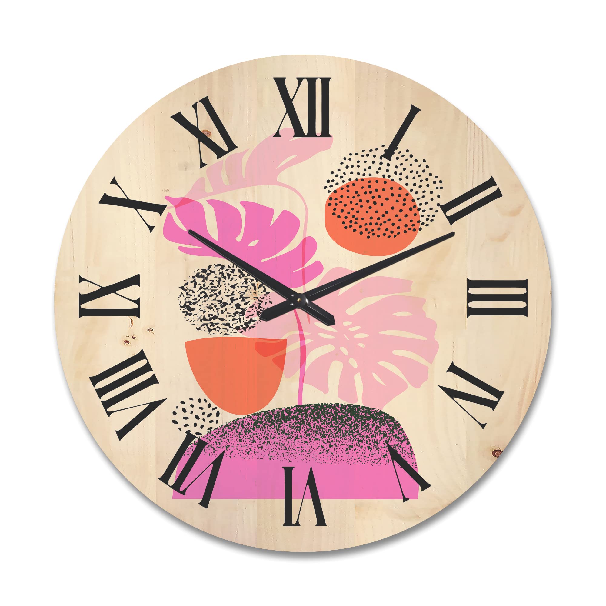 Modern Geometric Sun and Moon Wood Wall Clock with Tropical Leaves - Large Abstract Fractal Design Oversized Decorative Clock for Living Room, Bedroom & Office Décor | Perfect for Boho, Contemporary & Farmhouse Home Decor