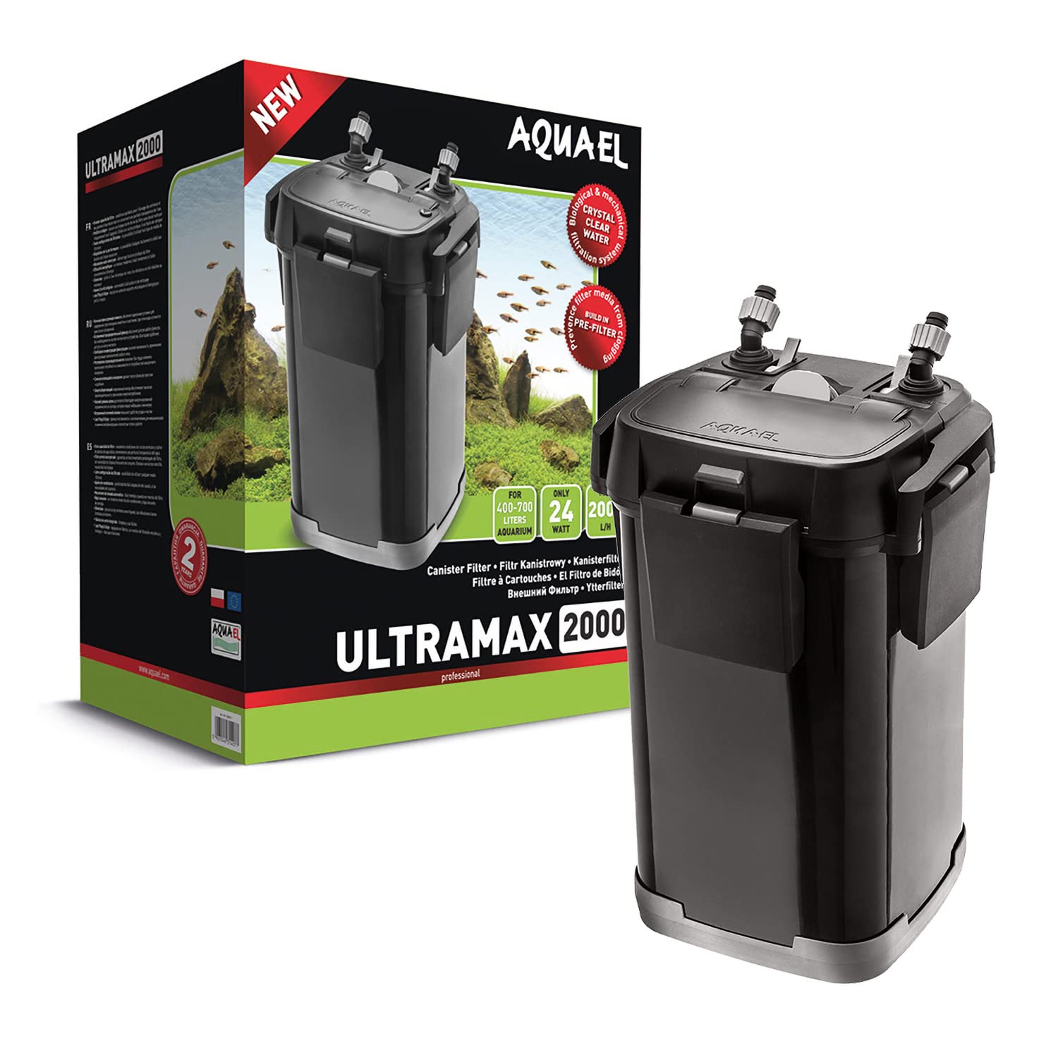 Aquael Ultramax 2000 Canister Filter for Large Aquariums - High-Efficiency Sponge Filter System & Water Pump (100-185 Gallon Capacity) - Perfect for Freshwater & Saltwater Fish Tanks, Reef Aquariums, and Aquatic Plant Setups