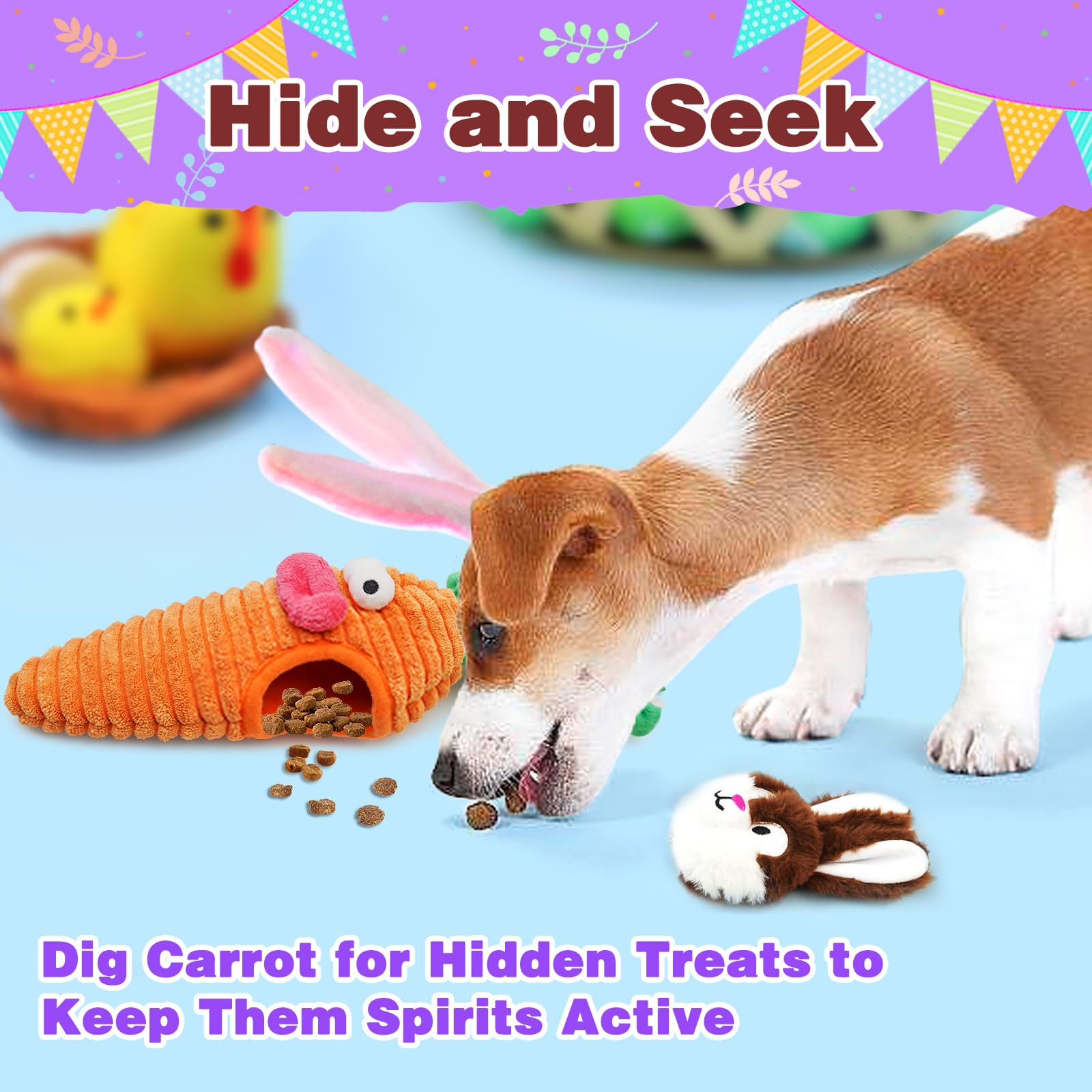 Easter Dog Toys for Small & Medium Dogs - Hide & Seek Squeaky Puzzle Toys with Rope, Cute Bunny & Carrot Design - Interactive Chew Toys for Teething Puppies - Perfect Easter Gift for Dogs & Fun Indoor Playtime