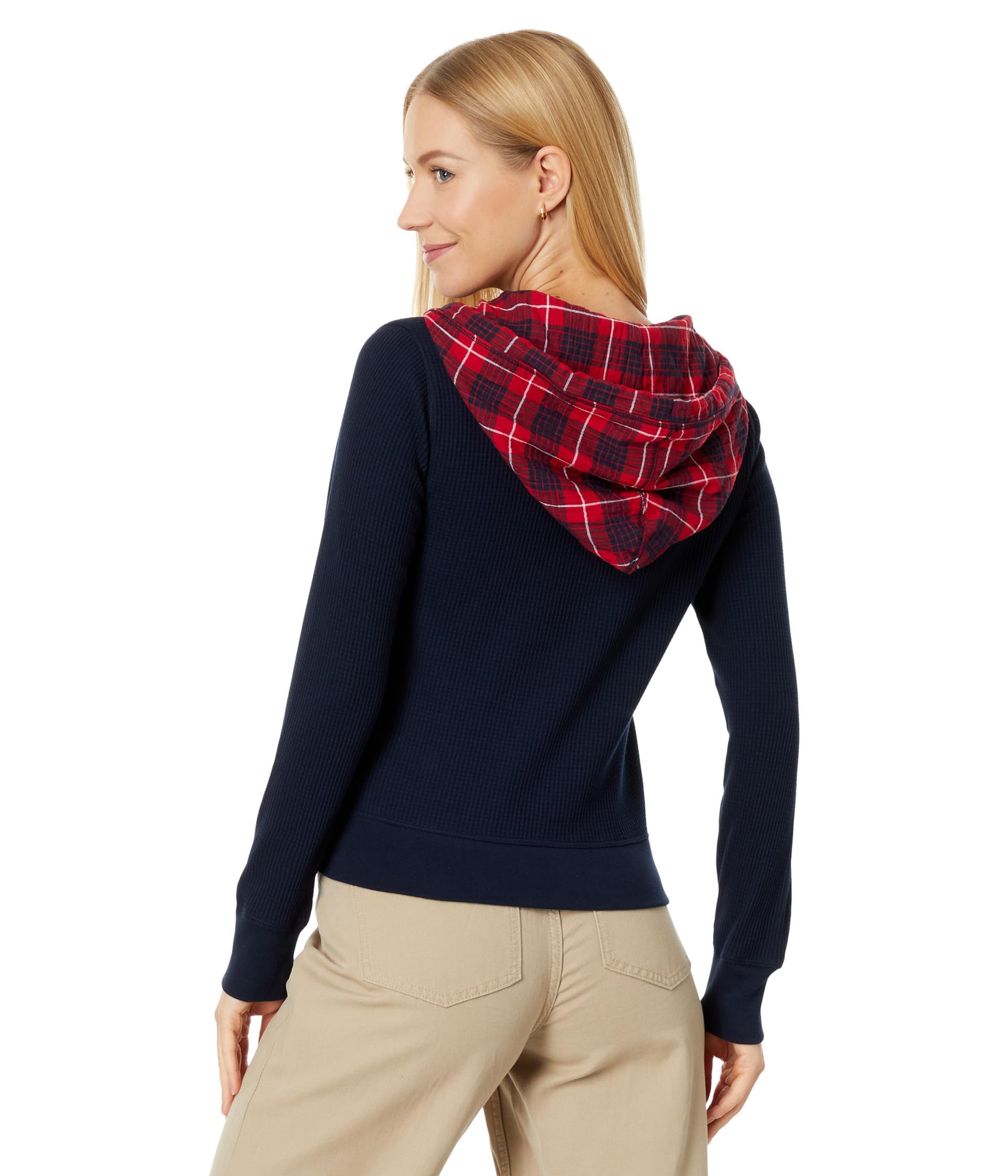 Tommy Hilfiger Women's Mixed Media Waffle Hoodie Sweatshirt - Cozy Pullover for Casual Wear, Lounge & Fall Outfits