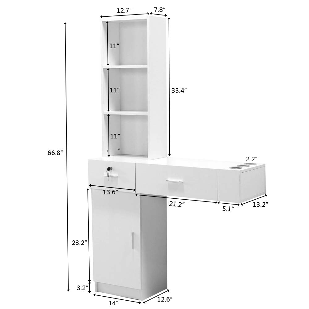 Elegant White Wall Mounted Salon Storage Cabinet with 2 Drawers, 3 Shelves & Cupboard - Professional Beauty Salon Organizer for Hair Stylists | Perfect for Salon, Spa & Barber Shop Organization