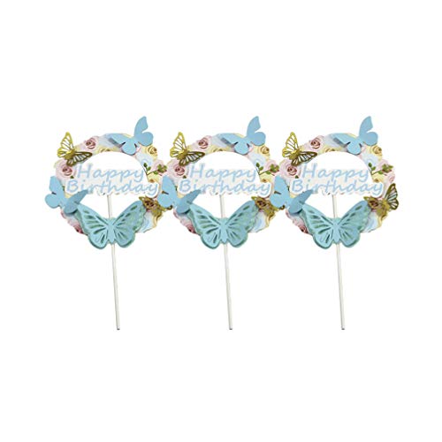Amosfun 3PCS Happy Birthday Cake Topper Set - 3D Butterfly Cake Decorations with LOVE Print, Cake Picks & Plug Cards for Birthday Parties (Blue) | Perfect for Wedding, Baby Shower & Anniversary Celebrations