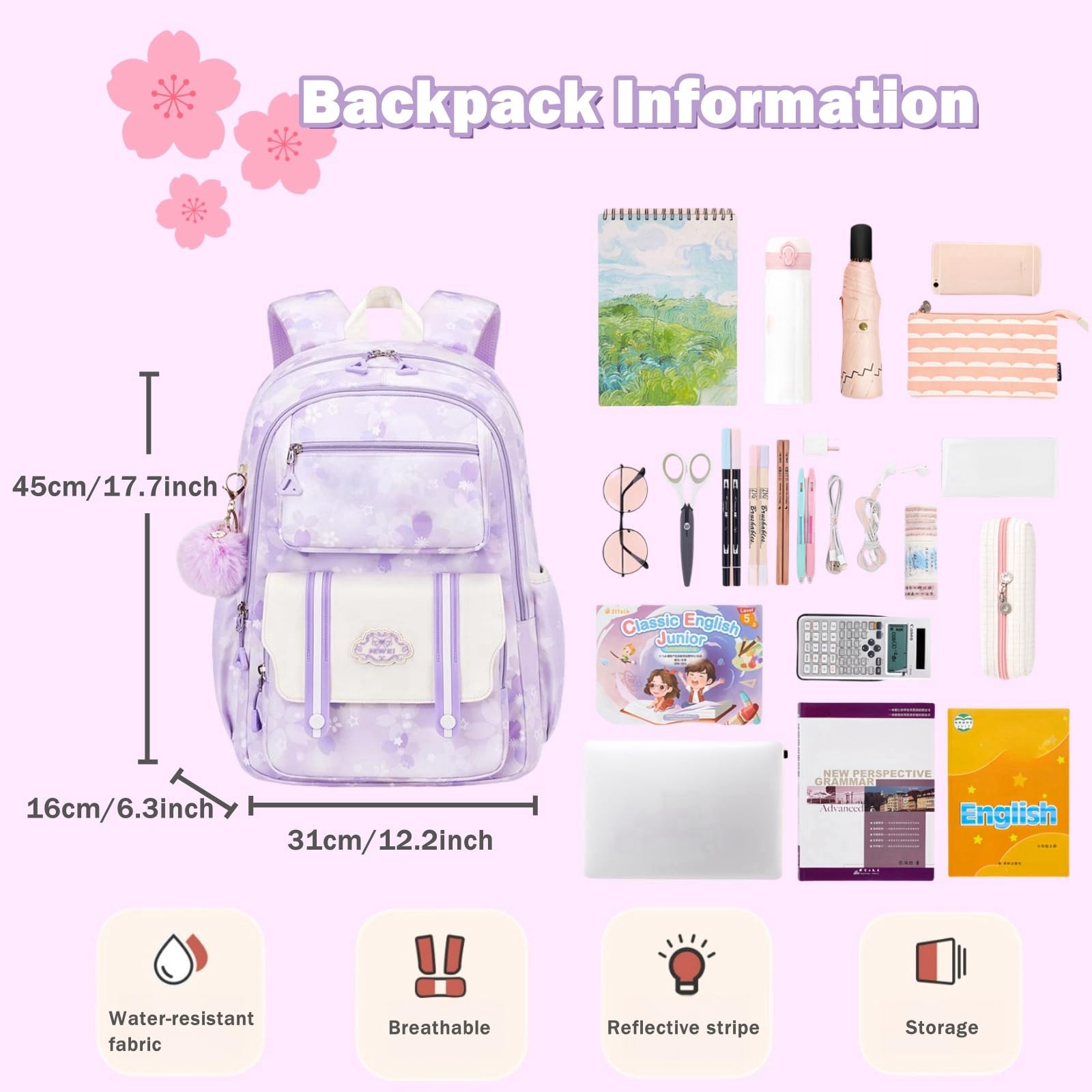 **Cute Pink Girls Backpack for School - Lightweight Bookbag with Multiple Pockets for Teen & Elementary Students - Perfect for Daily Use, Travel & Outdoor Activities**