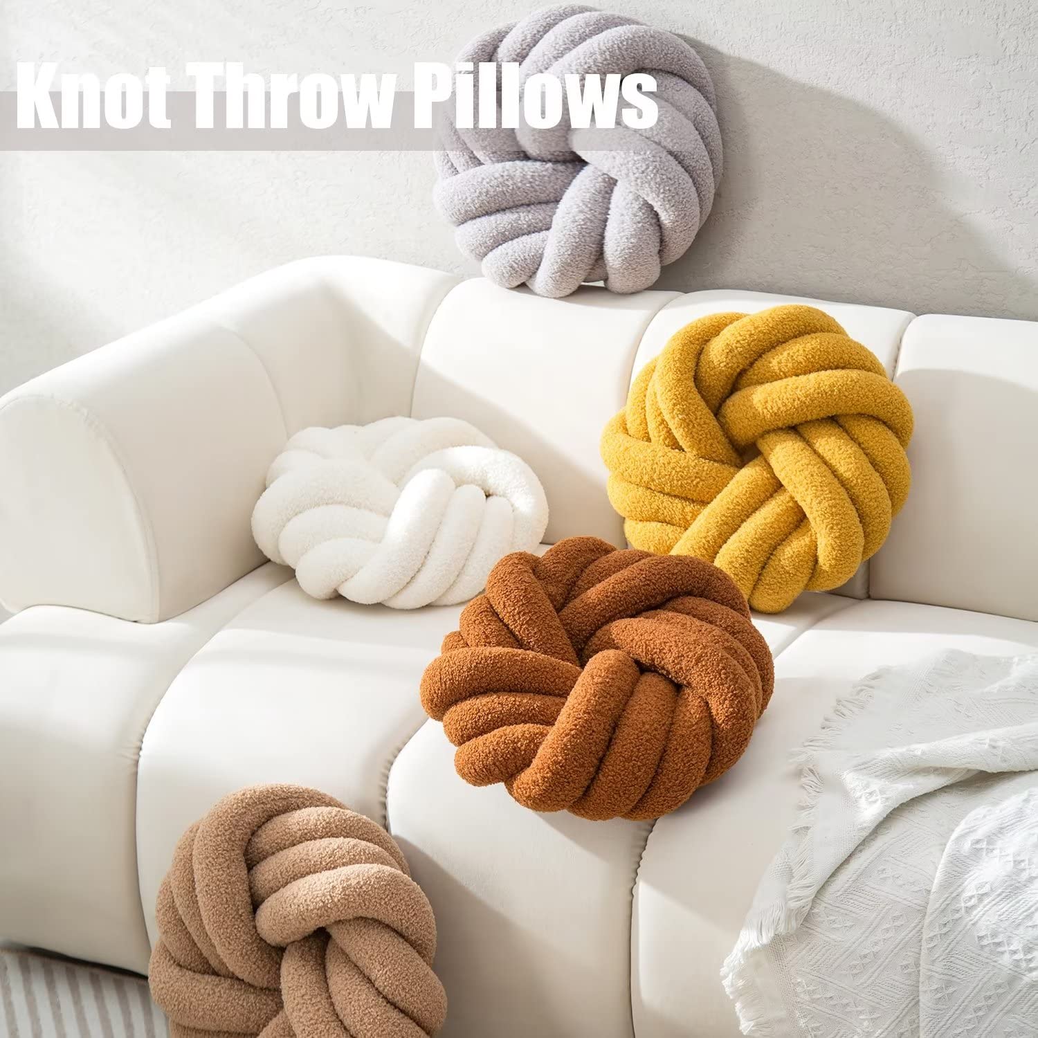 Handmade White Knotted Round Throw Pillow - 14 Inch Plush Knot Decorative Cushion for Couch, Bed & Living Room | Cozy Floor Pillow for Home Decor & Relaxation