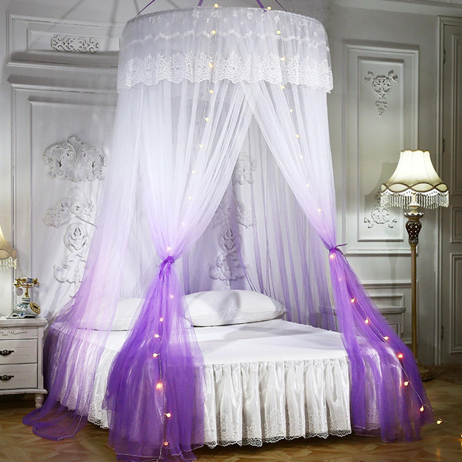 Walkervo Mosquito Net Bed Canopy with LED Lights - Dome Princess Bed Tent with Round Lace Design, Hanging Mosquito Net for Double/Single Beds (Purple) - Perfect for Kids' Rooms, Camping & Outdoor Adventures