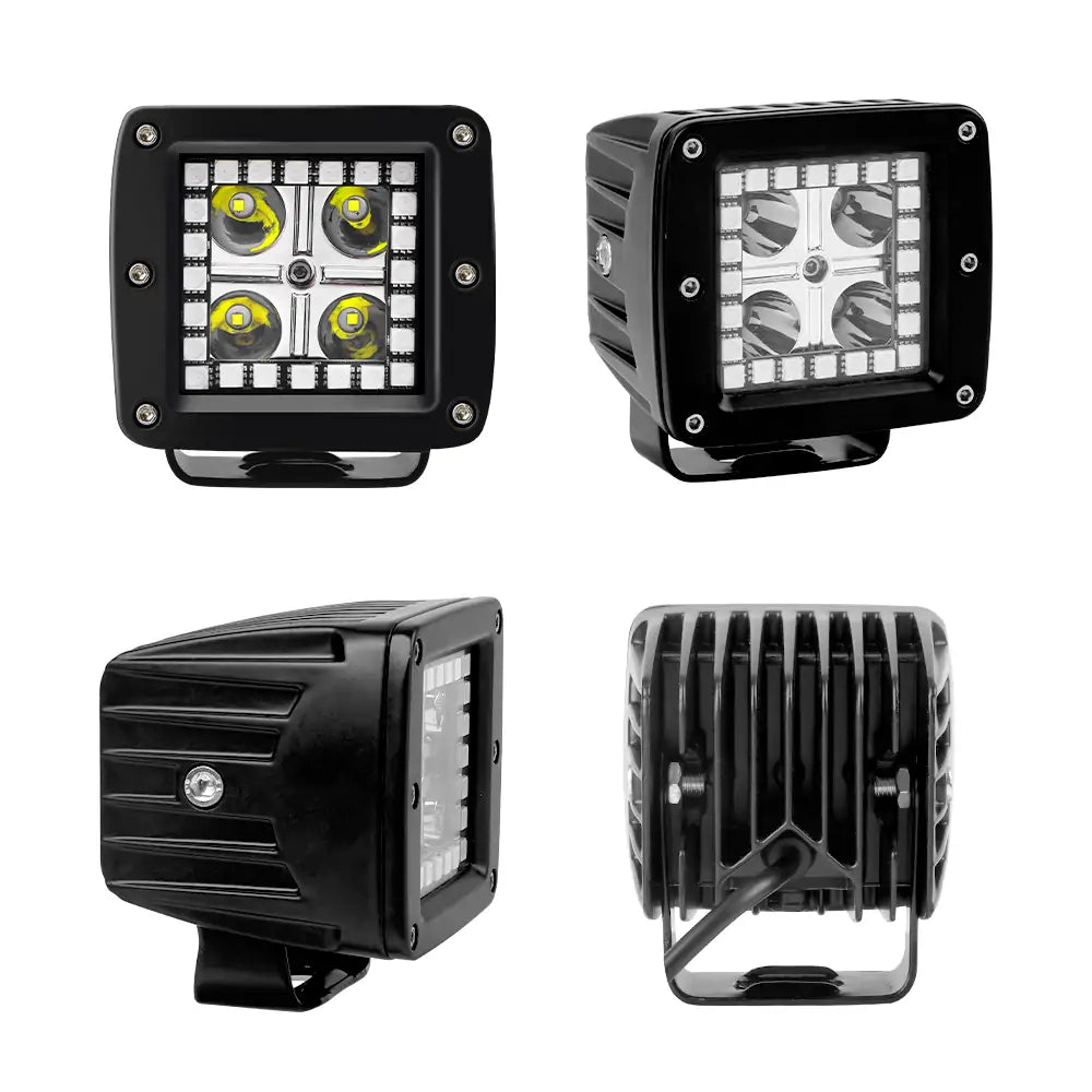12W 3 RGB Chasing LED Light Pods for Off-Road Vehicles - 4 Pack | Waterproof ATV/UTV Lighting for Night Driving, Camping & Outdoor Adventures