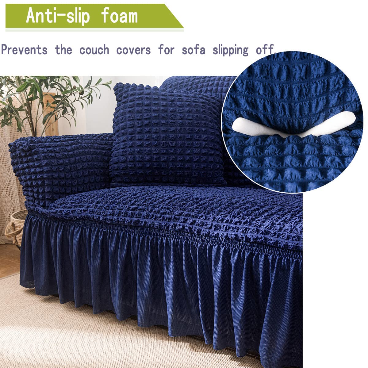 Qubjus Stretch Sofa Slipcover - Washable Couch & Sofa Bed Cover with Elastic Bottom & Skirt - Furniture Protector for Living Room, Bedroom, Office (Blue, Large) - Perfect for Pets, Kids & Daily Use