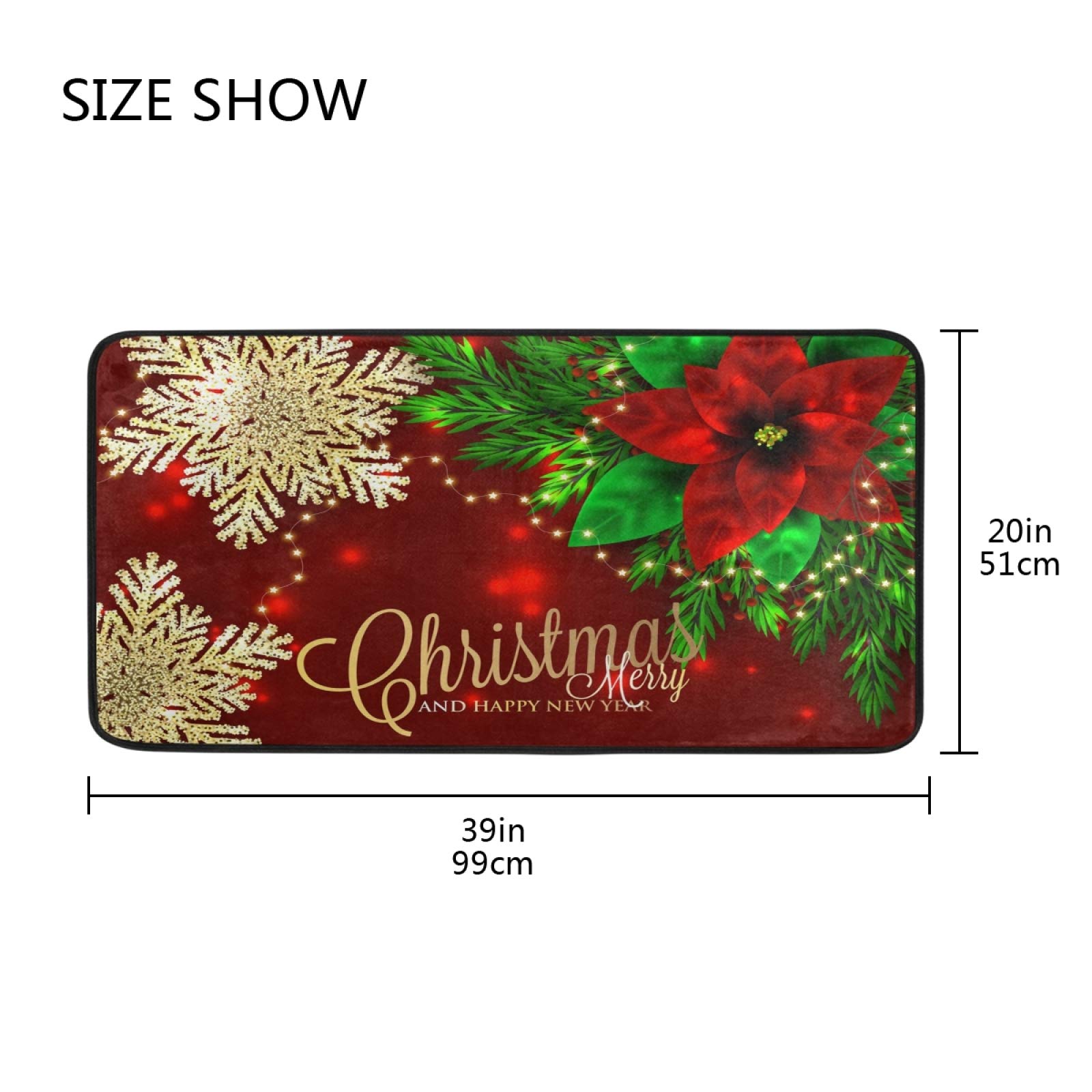 ALAZA Christmas Poinsettia Snowflakes Non-Slip Kitchen Rug - Soft Floor Mat for Standing Comfort - 39x20 Inch Holiday Bath Rug, Runner & Doormat - Perfect for Home Decor, Kitchen, Entryway & Bathroom